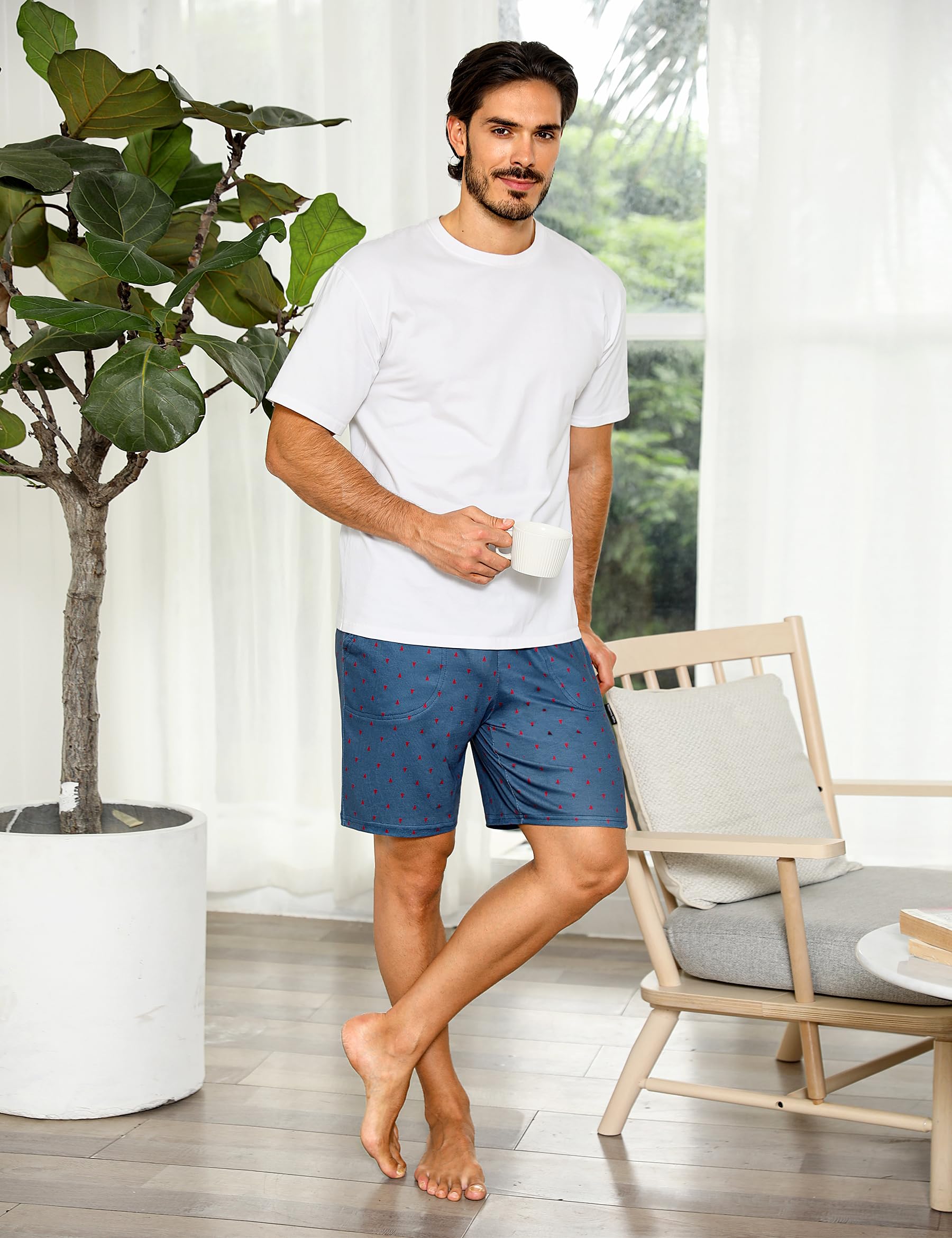 Demegimi Pantaloncini Pigiama da Uomo Pantaloni Corti Uomo Cotone Estivo Pantaloncini Pigiama con Coulisse e Tasche Pantaloncini Casual Corto con Stampa