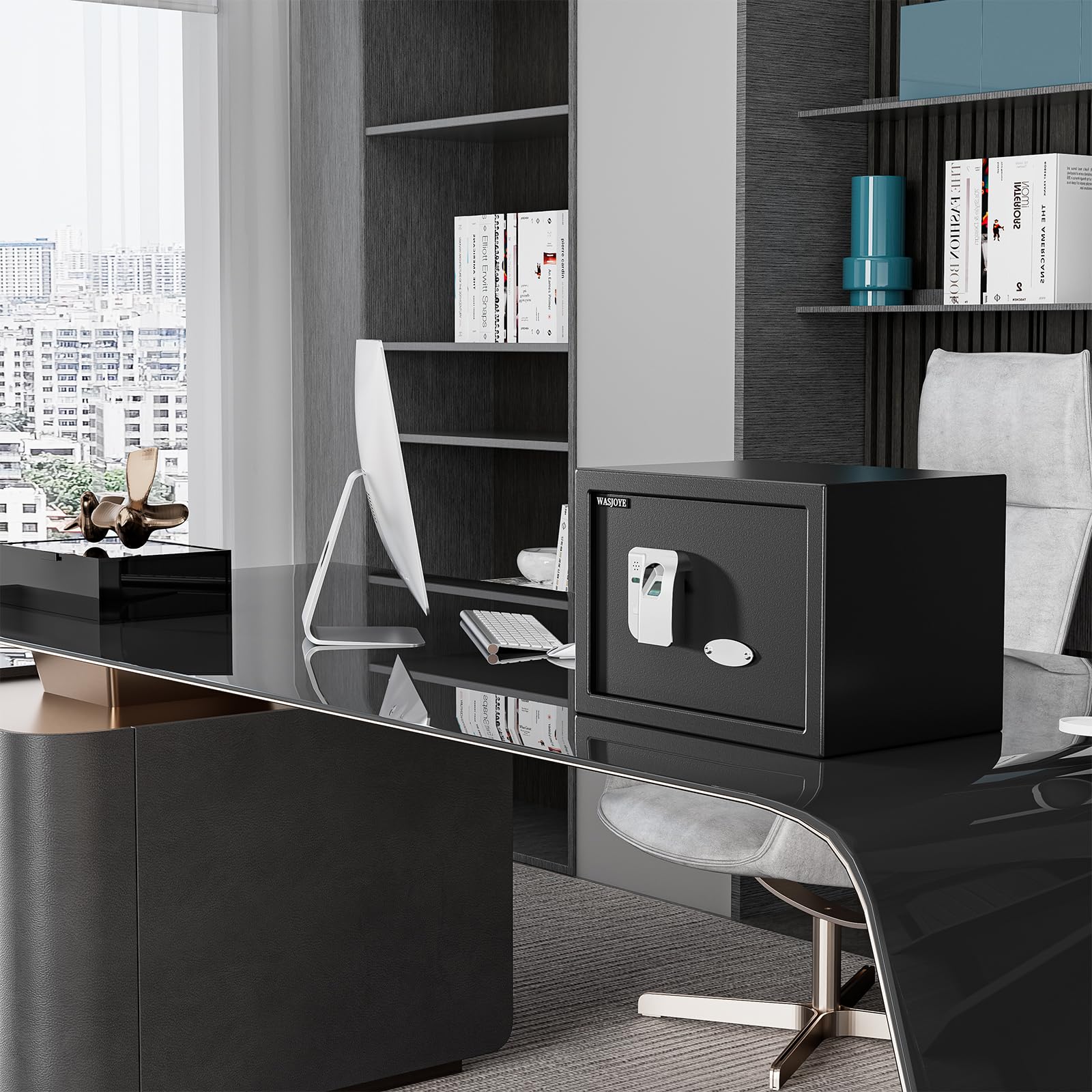 WASJOYE 25L Caja Fuerte para Huellas Dactilares, Biométrico Caja Fuerti Convencionale para el Hogar con Llaves, Electrónica Automática con Identificación de Dedos para la Oficina Hotel