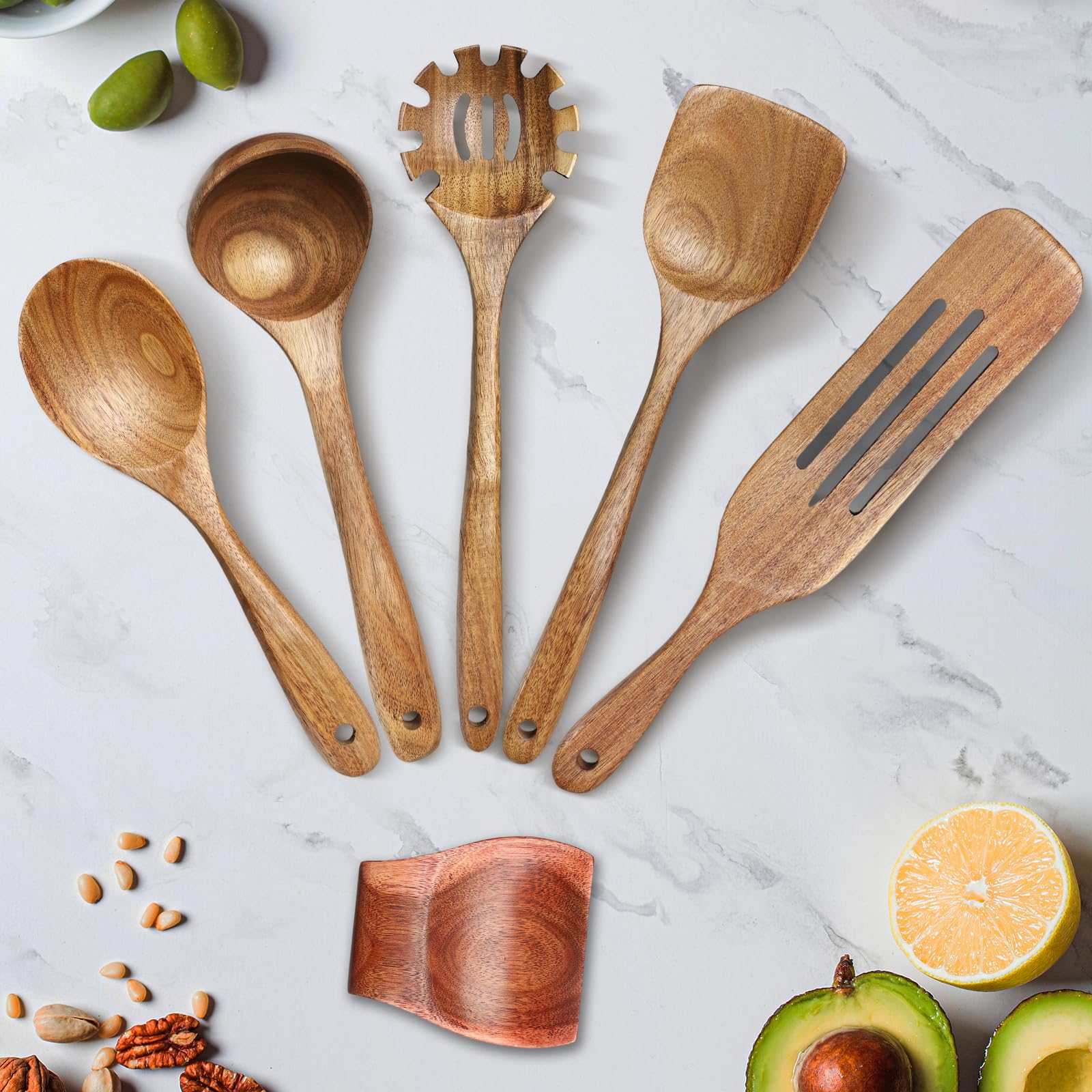 13 Pièces Ustensiles de Cuisine en Bois Ustensiles en Bois de Teck Cuillères et Spatule pour la Cuisine avec support,repose-cuillère et crochets