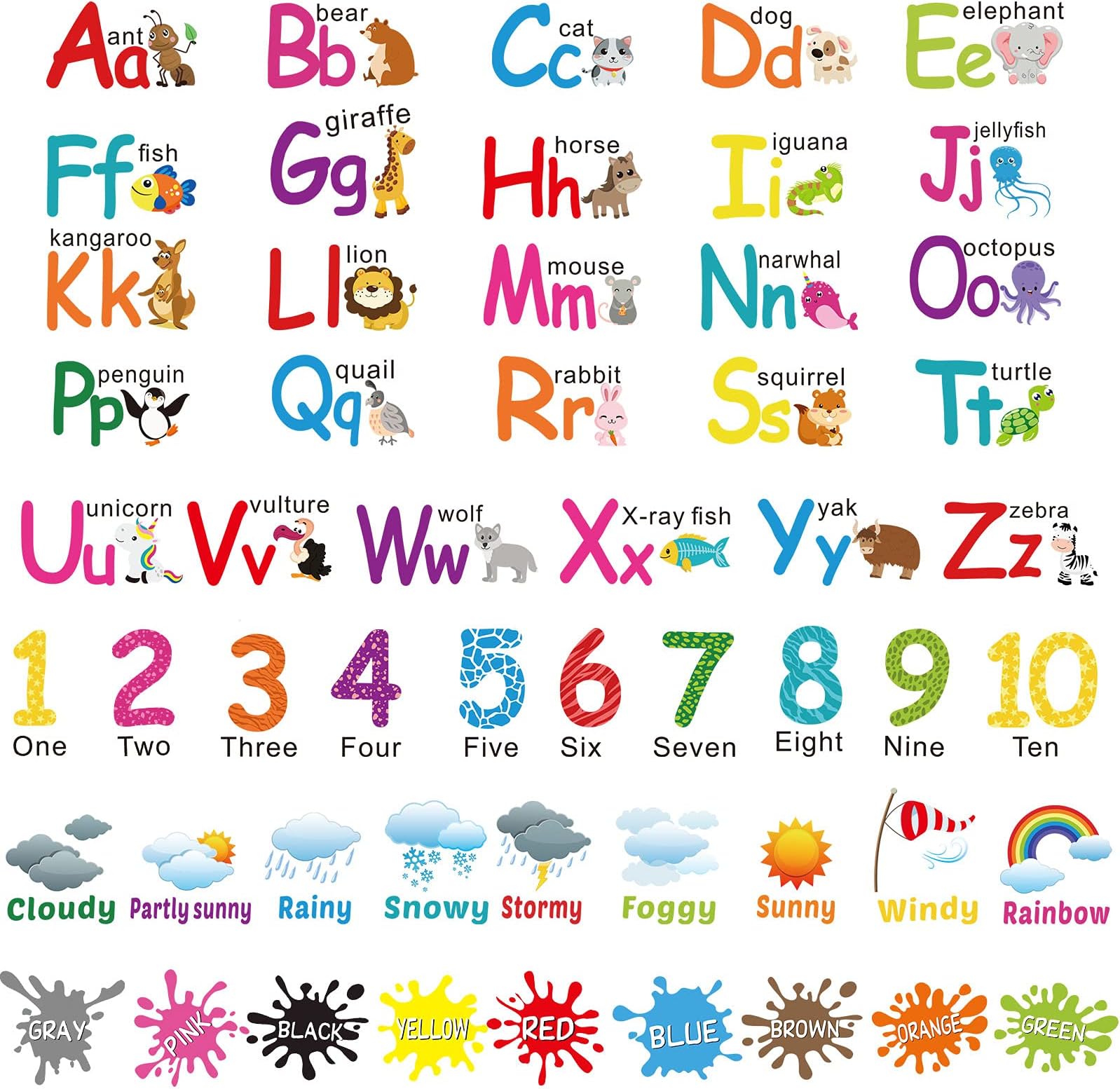 6 Sheets Alphabet Wall Decals for Classroom Number Color Weather Learning Educational Wall Decals Kids Peel and Stick Alphabet Stickers Educational Classroom Stickers for Playroom Bedroom Decorations