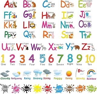6 Sheets Alphabet Number Color Weather Learning Educational Wall Decals Peel and Stick Alphabet Wall Stickers Educational Classroom Stickers for Kids Playroom Bedroom Decorations