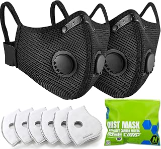 BASE CAMP M Plus Dust Mask 2 Pack: Reusable Respirator with 6 Carbon Filters, 99.4% Filtration for Woodworking, Construction, Mowing