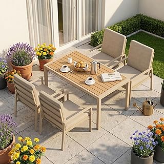 LANOX Gartenmöbel Set mit Tisch & 4 Stühlen – 5-teiliges Garten Essgruppe aus Metall & Aluminium, 140×80 cm Gartentisch, wetterfest, mit Kissen & Polywood Tischplatte, Beige