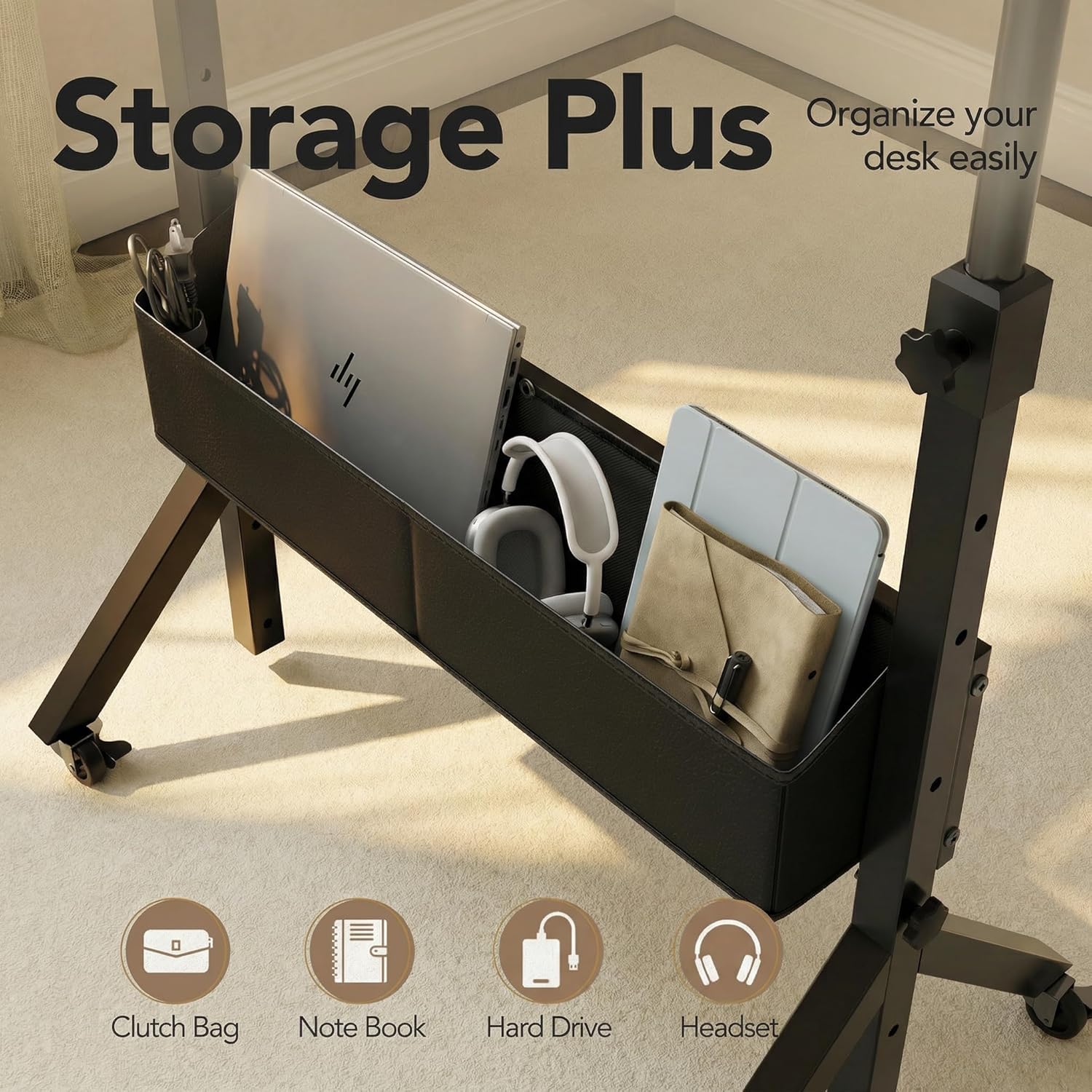 HUANUO Mobile Standing Desk with Wheels and Storage Basket, Height Adjustable 28.7"-46.1" Rolling Desk for Walking Pad, Small Space Laptop Computer Workstation for Home Office