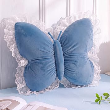 PEACH CAT Butterfly Pillow with Lace Trim Decorative Butterfly Shaped Throw Pillows 16" x 16" Soft Plush Cushion Decor for Bedroom Living Room Sofa Couch Blue
