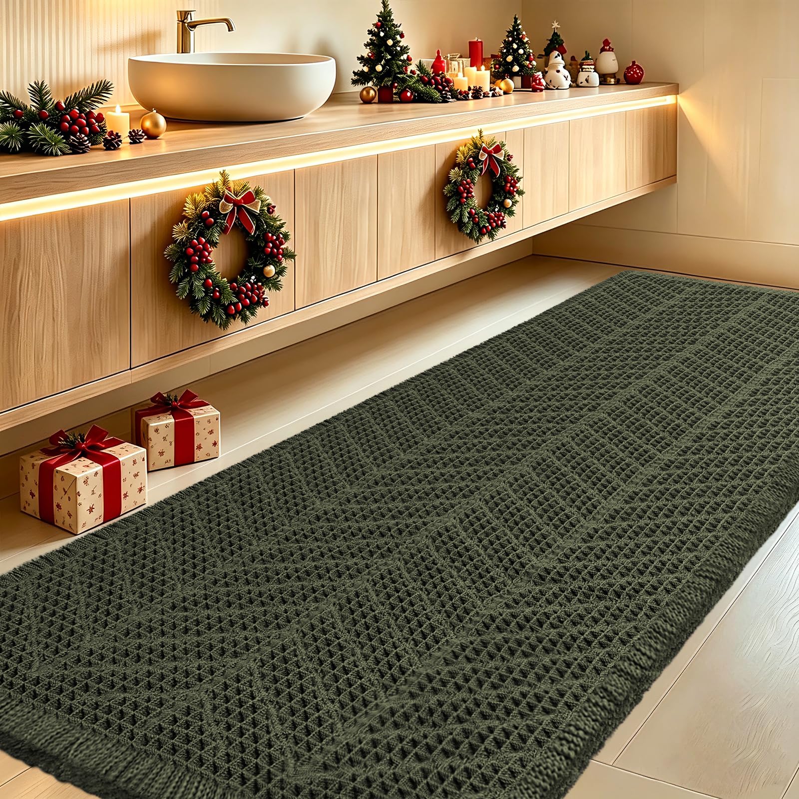 Extra Large Waffle Bath Mat, Boho Woven Modern Bath Rug Absorbent Non Slip, Ultra Soft Bathroom Mats, Machine Washable Knit Bath Rugs with Herringbones for Bathroom, Bedroom, Shower, 6'x2', Dark Green
