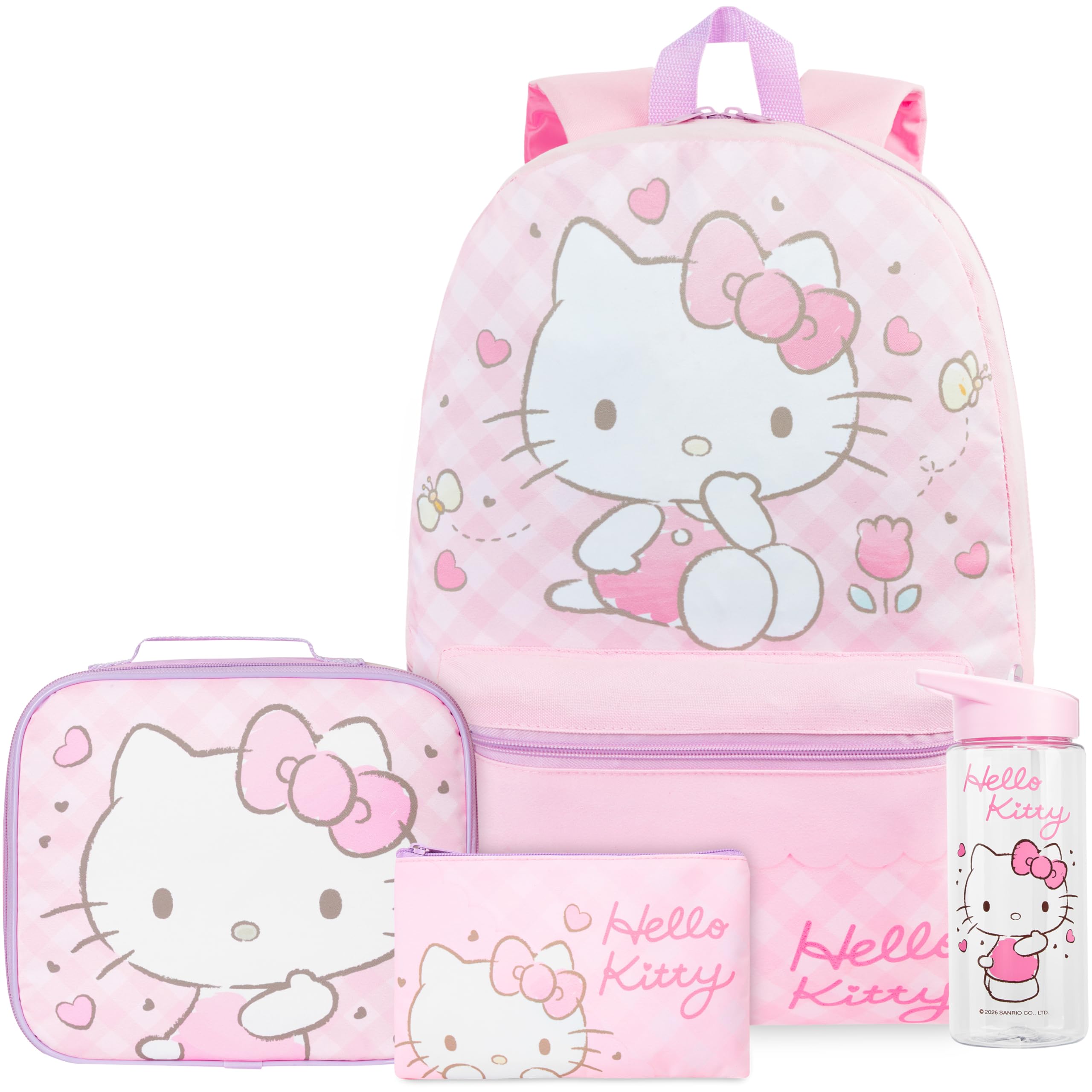 Get Trend Hello Kitty Sanrio Rucksack Kinder 4 TLG. Größer Kinderrucksack, Trinkflasche 500ml, Federmäppchen & Isolierte Lunchtasche, Geschenk für Kinder (Rosa Hello Kitty)