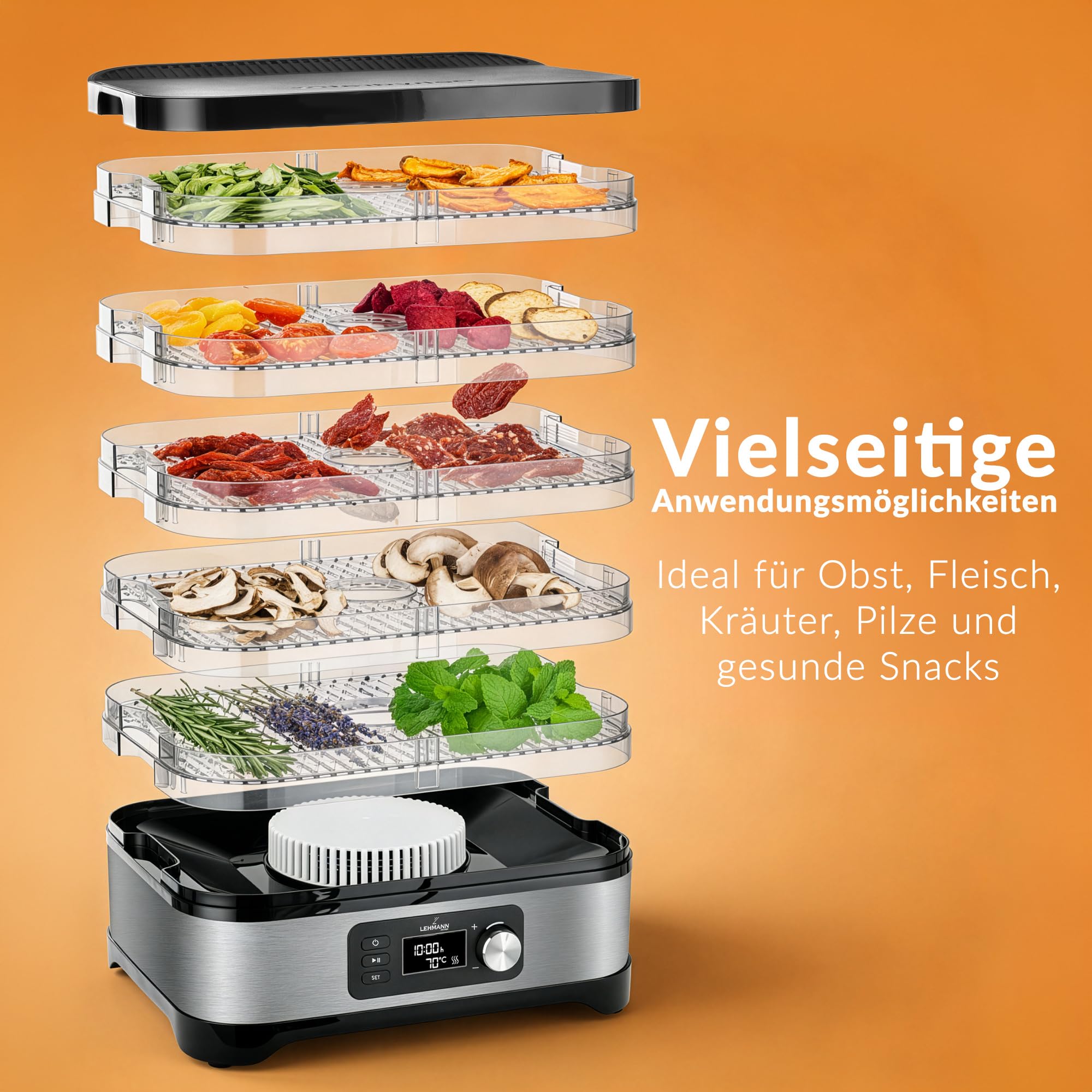 LEHMANN Dörrautomat Edelstahl, Dörrgerät mit 5 höhenverstellbaren Dörrtabletts, Temperaturregelung 35-70°C, BPA-frei, 24h-Timer, Obsttrockner für Pilze, Früchte, Fleisch, Gemüse