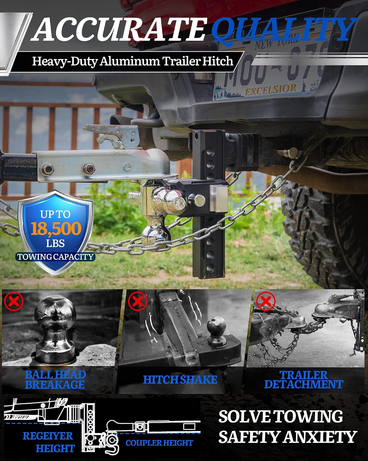2.5" Adjustable Trailer Hitch Ball Mount, 6" Drop/Rise Tow Hitch