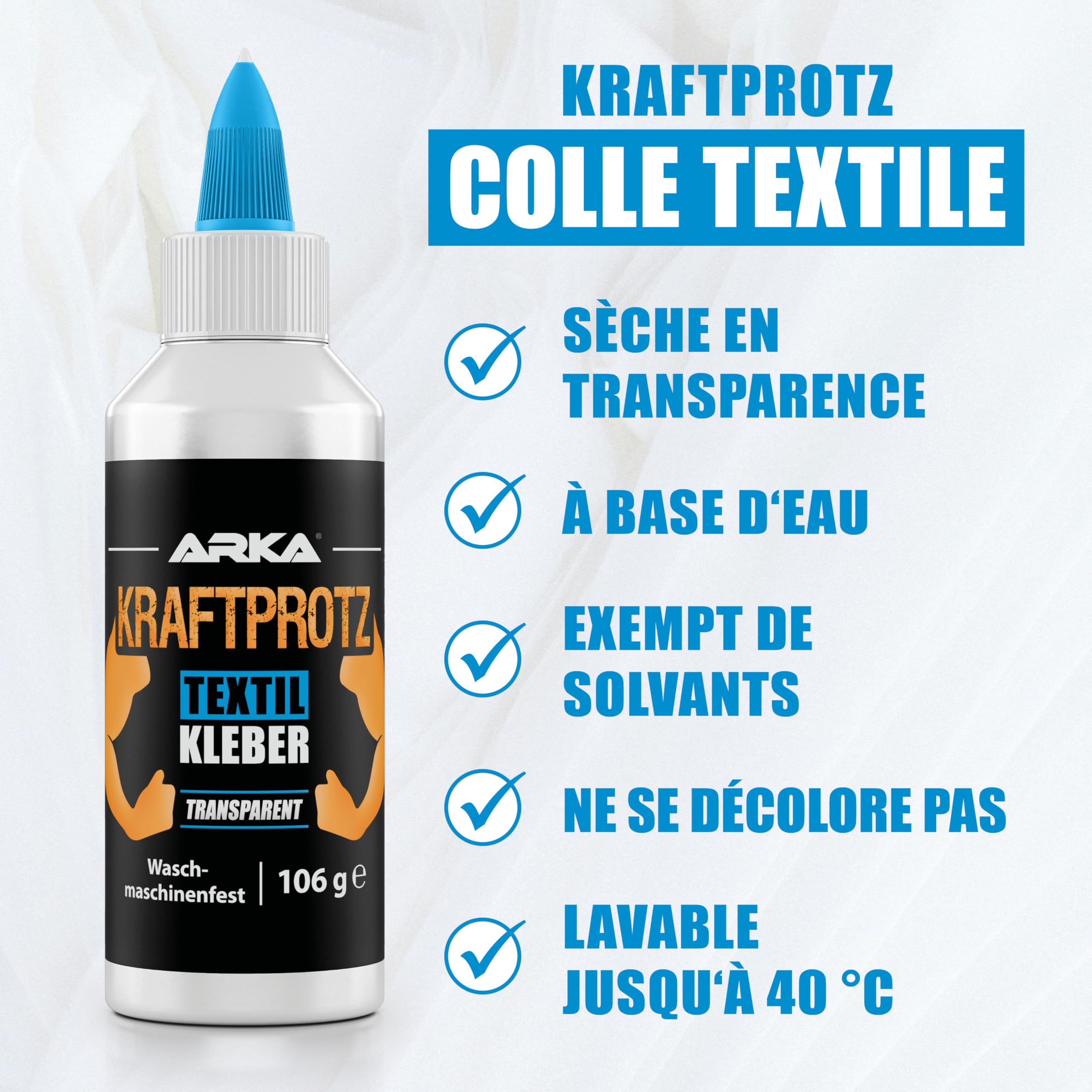 Colle Textile Extra Forte 105 g – Colle Tissu Permanente Résiste Lavage – Transparente Flexible & Sans Solvant – Pour Vêtements Cuir & Couture – KRAFTPROTZ