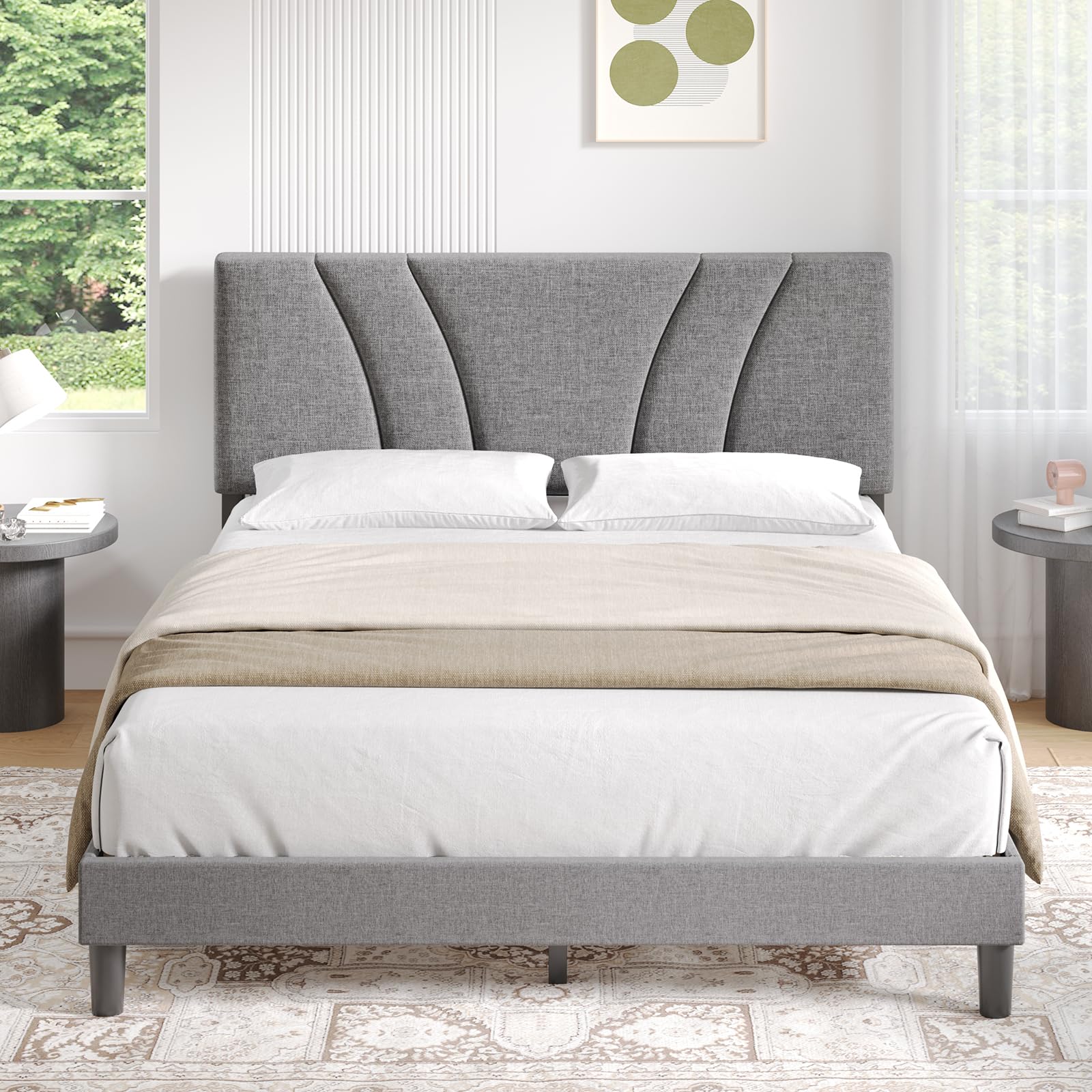Novilla Somier 180 x 200 cm de Listones de Madera, Estructura de Cama de Laminas de chopo, cabecero tapizado Alto y cómodo de apoyarse, Fácil de Montar, Gris