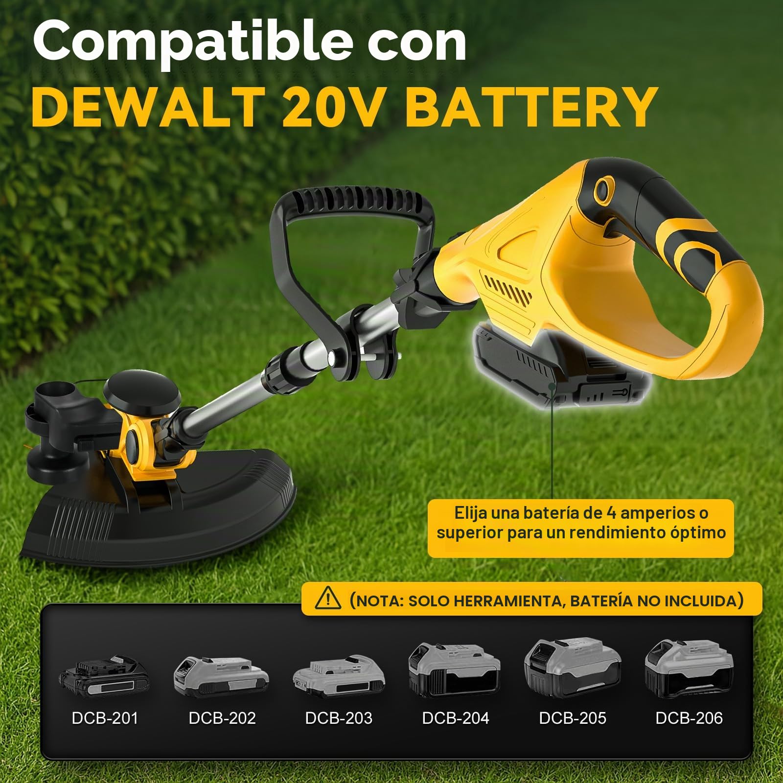 Desbrozadora Inalámbrica Compatible con Dewalt 20V batería (no bateríe) sin Escobillas con Batería Indicadora, Corte de Borde Eléctrico Plegable, Cabezal Giratorio 75° y Mango Giratorio 90°