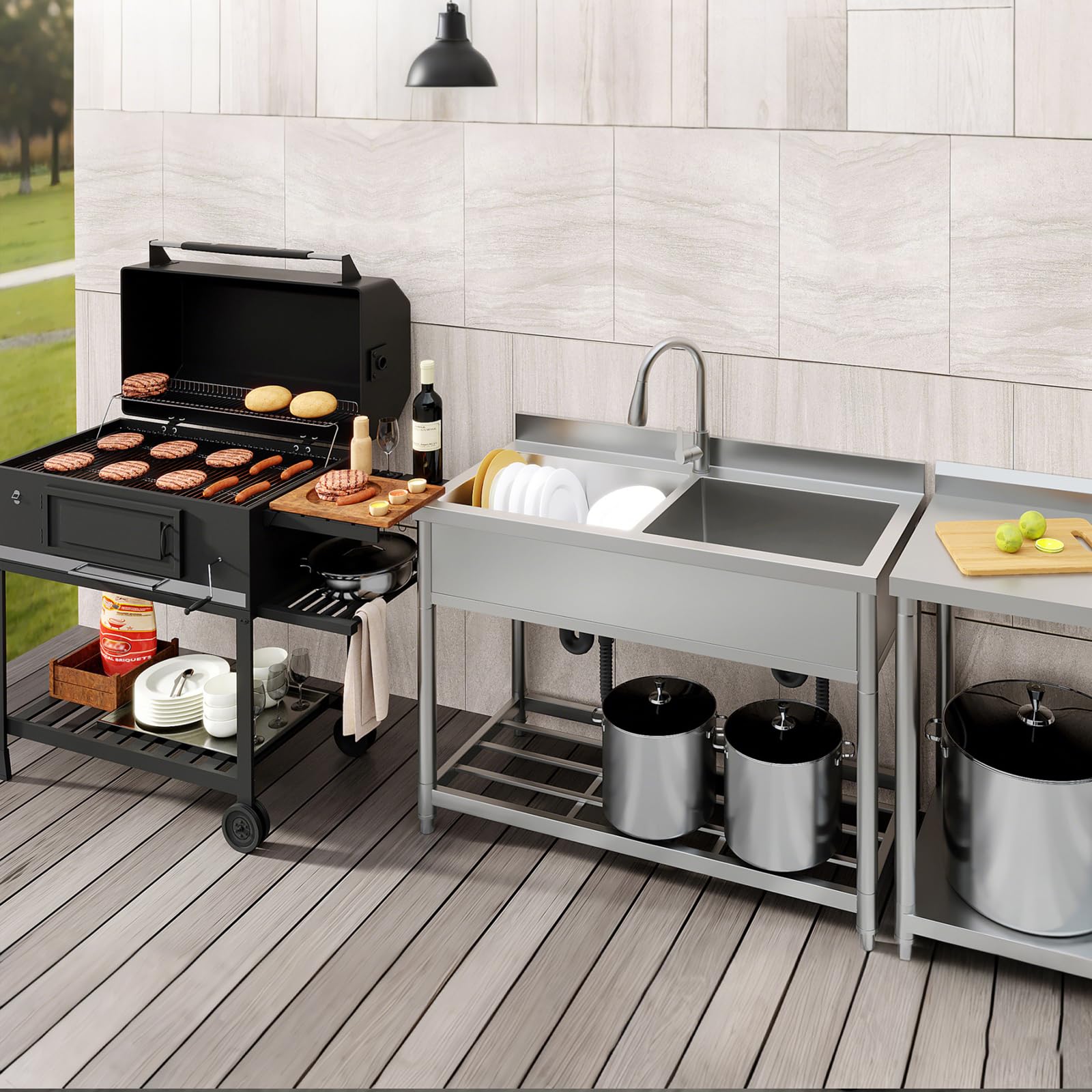 Lavello Indipendente in Acciaio Inox 2 Vasche, Lavandino Industriale con Rubinetto, Lavandino da Esterno, Lavello Professionale per Cucina, Garage, Lavanderia, Ristorante, 55P x 120L x 94H cm