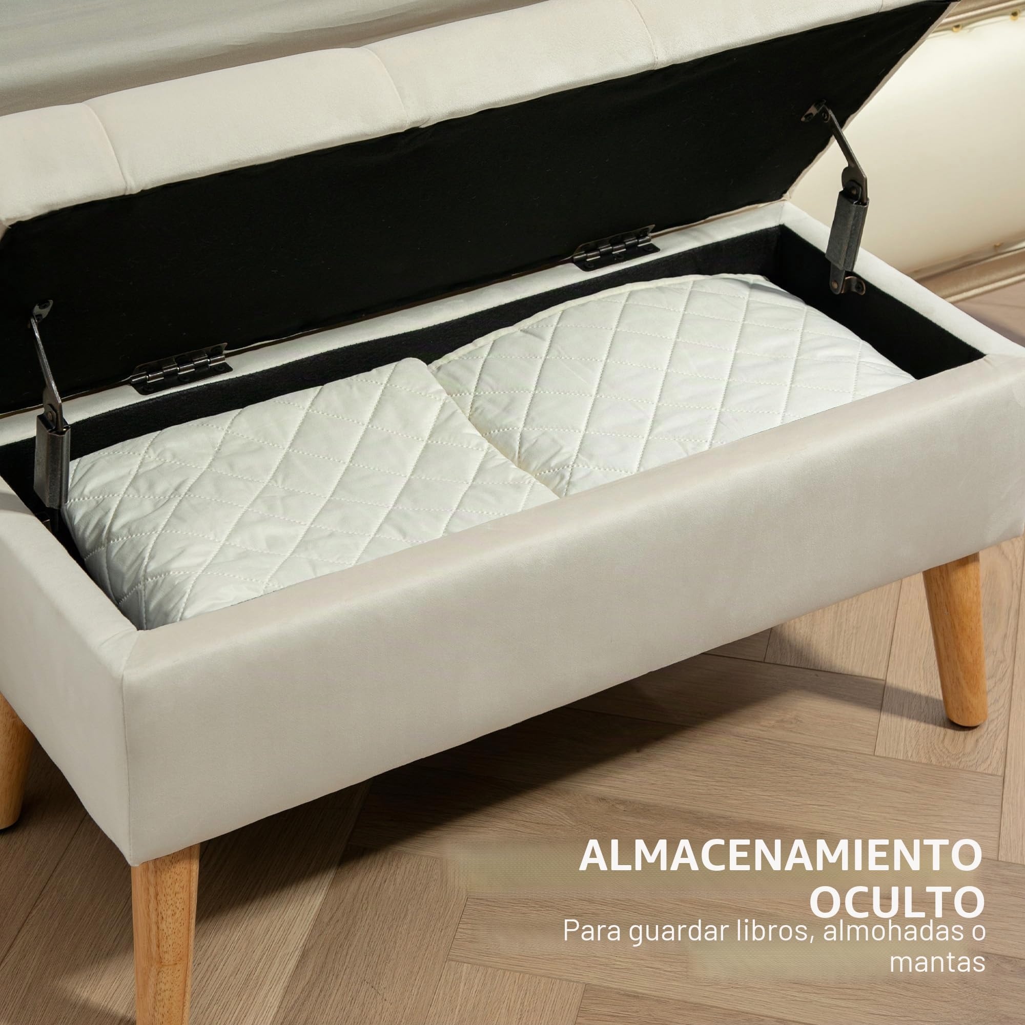 HOMCOM Banco de almacenaje, Caja de almacenaje, con Tapa, Tejido Efecto Terciopelo, Patas de Madera, Capacidad de Carga hasta 120 kg, para salón, Dormitorio, Pasillo, 80 x 35 x 40 cm, Crema