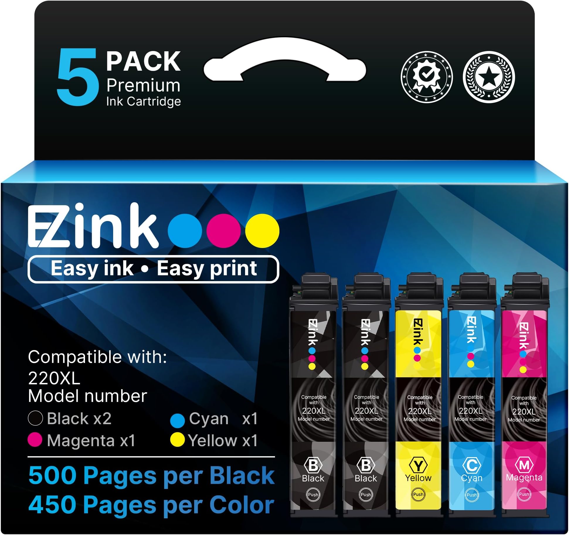 E-Z Ink Remanufactured Ink Cartridge Replacement for Epson 220 XL 220XL T220XL to use with WF-2760 WF-2750 WF-2630 WF-2650 WF-2660 XP-320 XP-420 XP-424(2 Black, 1 Cyan, 1 Magenta, 1 Yellow) 5Pack