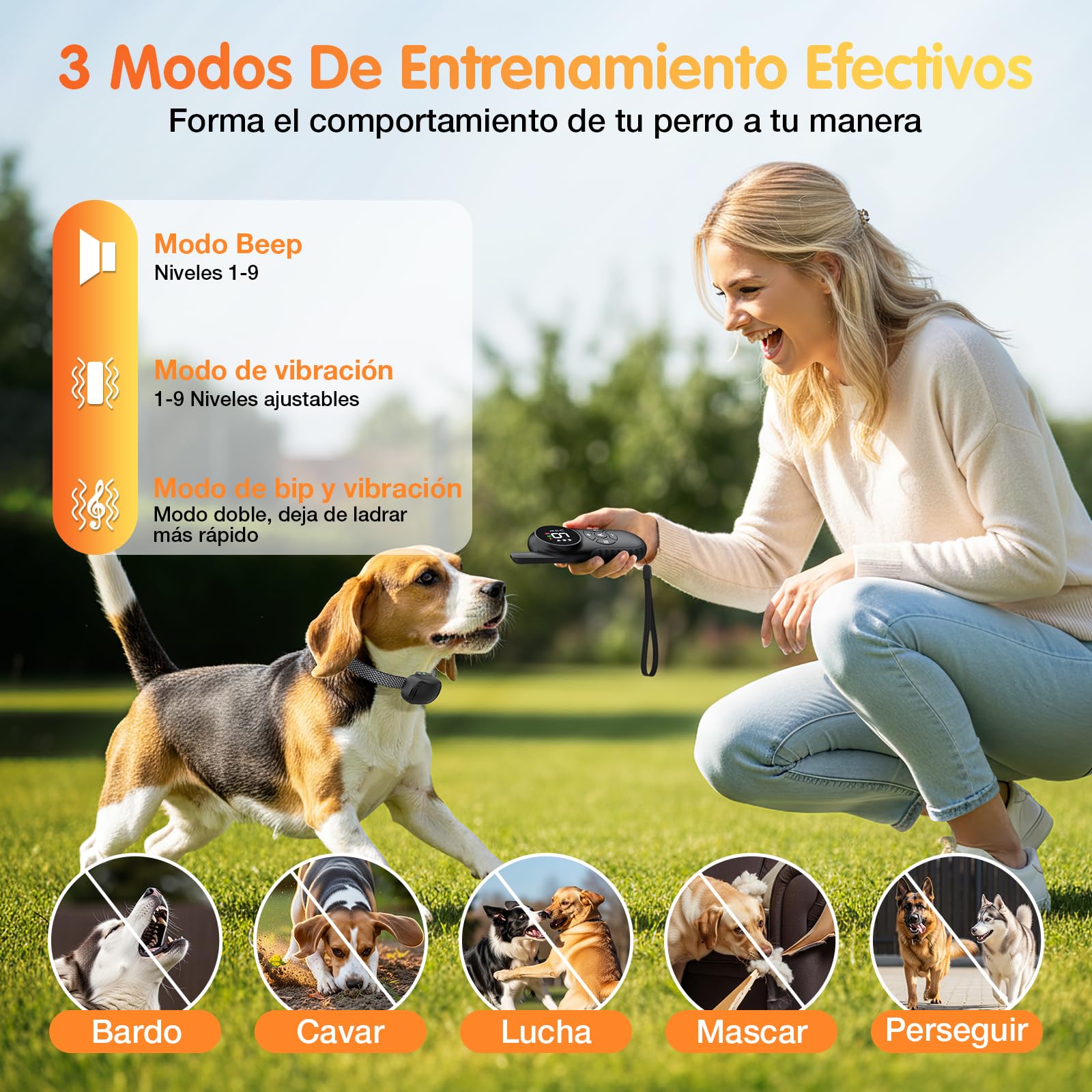 Collar de Adiestramiento para Perros, Collar Antiladridos para Perros | Rango Control Remoto 800m, 3 Modos de Adiestramiento, Sonido/Vibración, Recargable Collar Perro Adiestramiento, Étanche IPX7