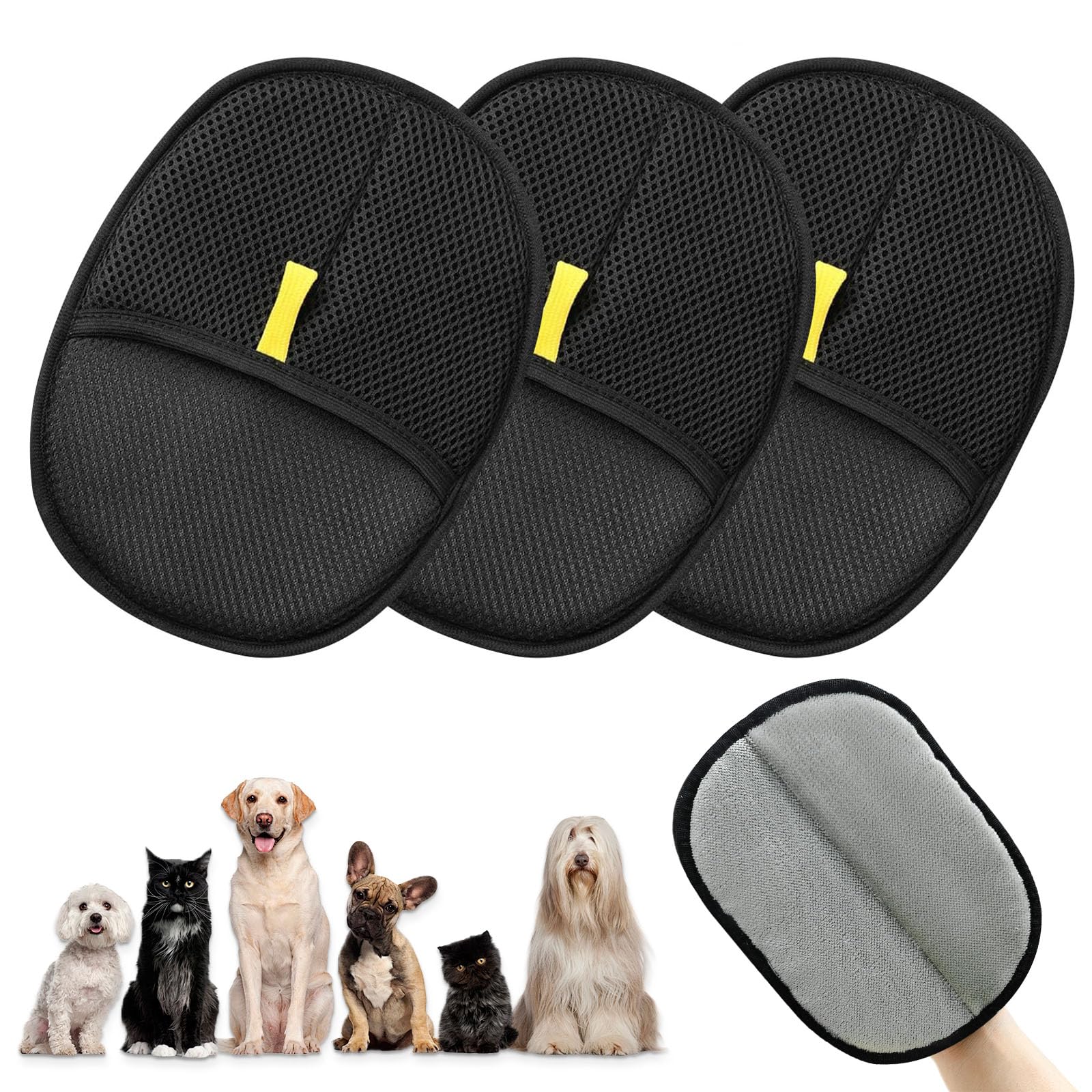 3Pcs Pet Grooming Gloves for Cats & Dogs, Double Sided Static Brush Design, Removes Hair with One Wipe, Gentle Washing