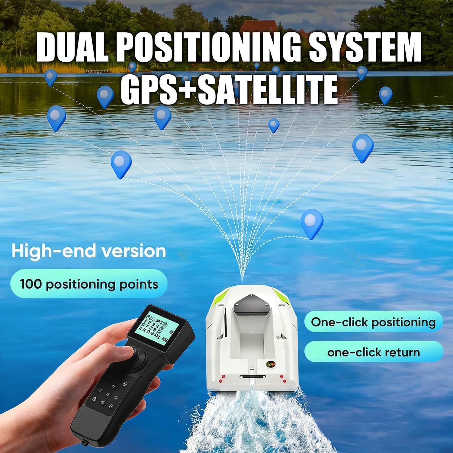 Barca da pesca con GPS, 2 batterie, luci notturne, posizionamento a 100 punti, ampio scomparto per capacità di carico di 2,5 kg, ideale per rilascio esche e ami da traina