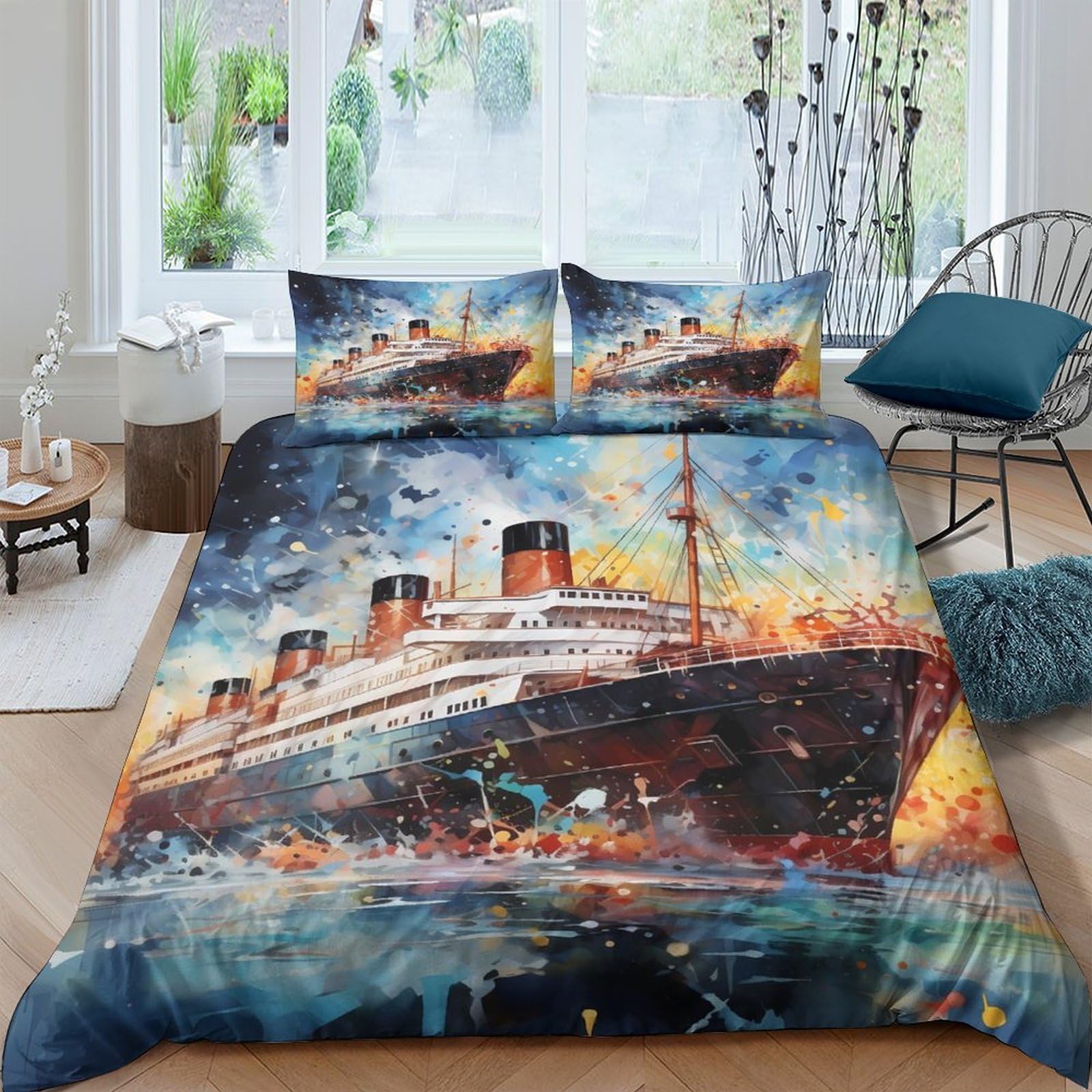 Ctjqhvkz Style-7 3D Printed Titanic Ocean Fitted Sheet Microfiber Soft Deep Blue Ship Mattress Cover For Bedroom Guest Room Decor Single（135X200cm）