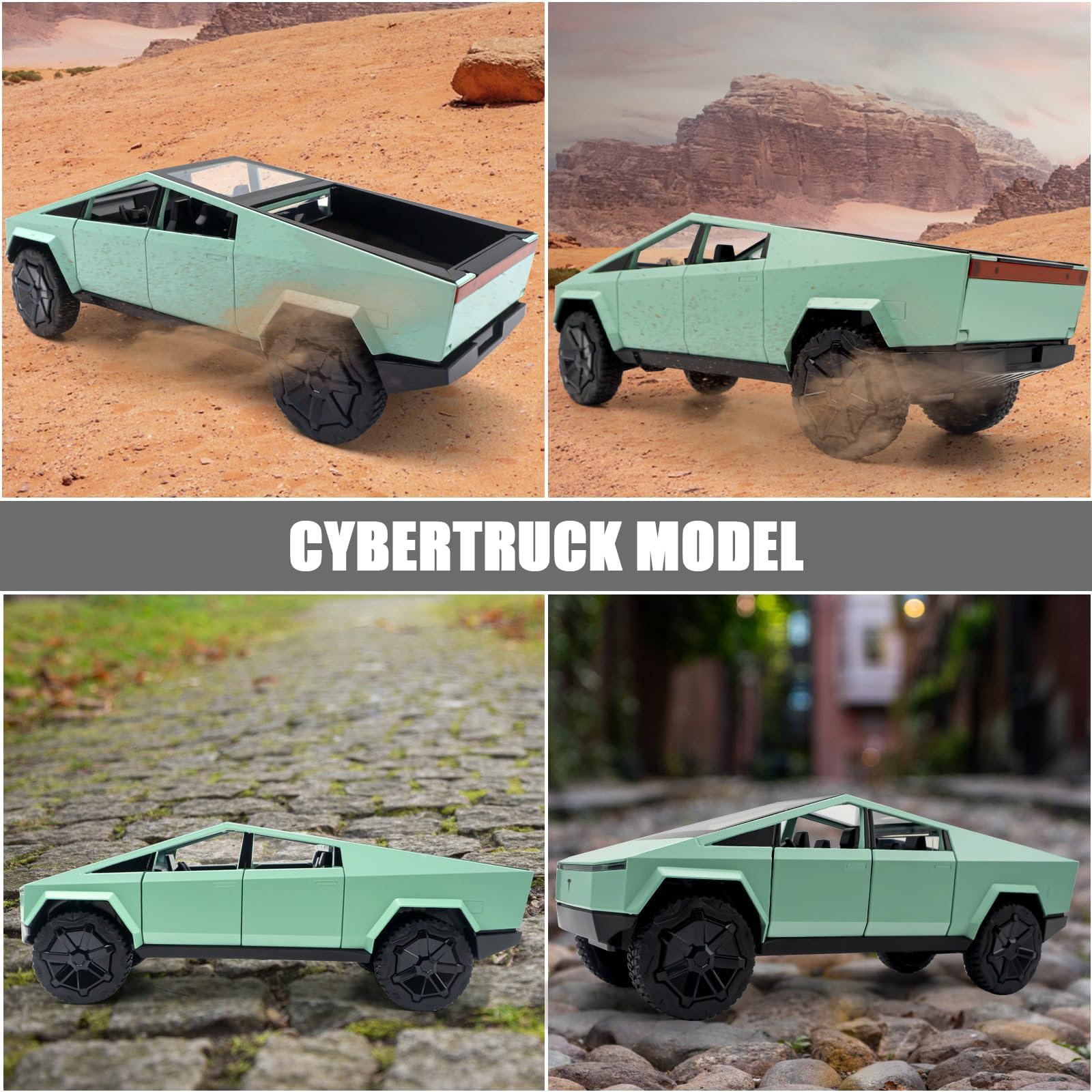 Tesla Cybertruck Modelo de Coche 1:24 Camiones de Juguete de Metal Fundido a Presión con luz y Sonido, Mini Vehículo de Juguete para Niños a Partir de 3 Años (Verdes,Equipado con Moto de Playa)