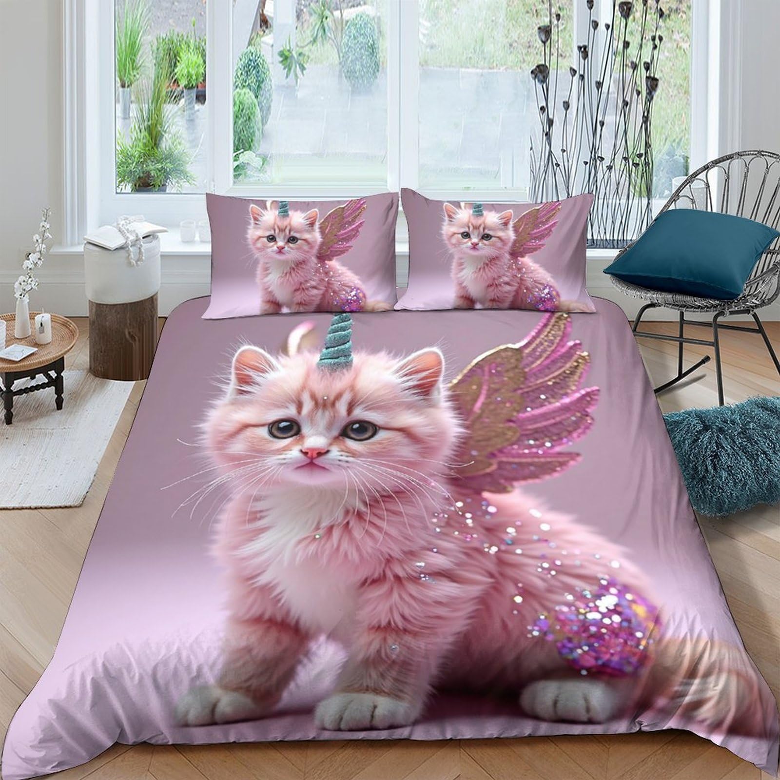 Ctjqhvkz Style-4 3D Printed Pink Cat Unicorn Fitted Sheet Microfiber Soft Non-Slip Fantasy Winged Kitten Mattress Cover For Bedroom Decor Single（135X200cm）
