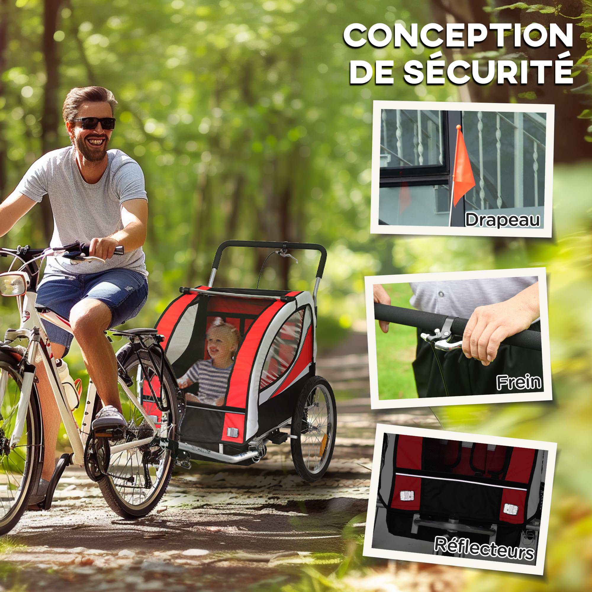 HOMCOM Remorque Velo Enfant 2 en 1 Poussette vélo bébé 2 Places avec Ceinture de sécurité 5 Points, réflecteurs, Drapeau et attelage, Charge 40 Kg, Rouge