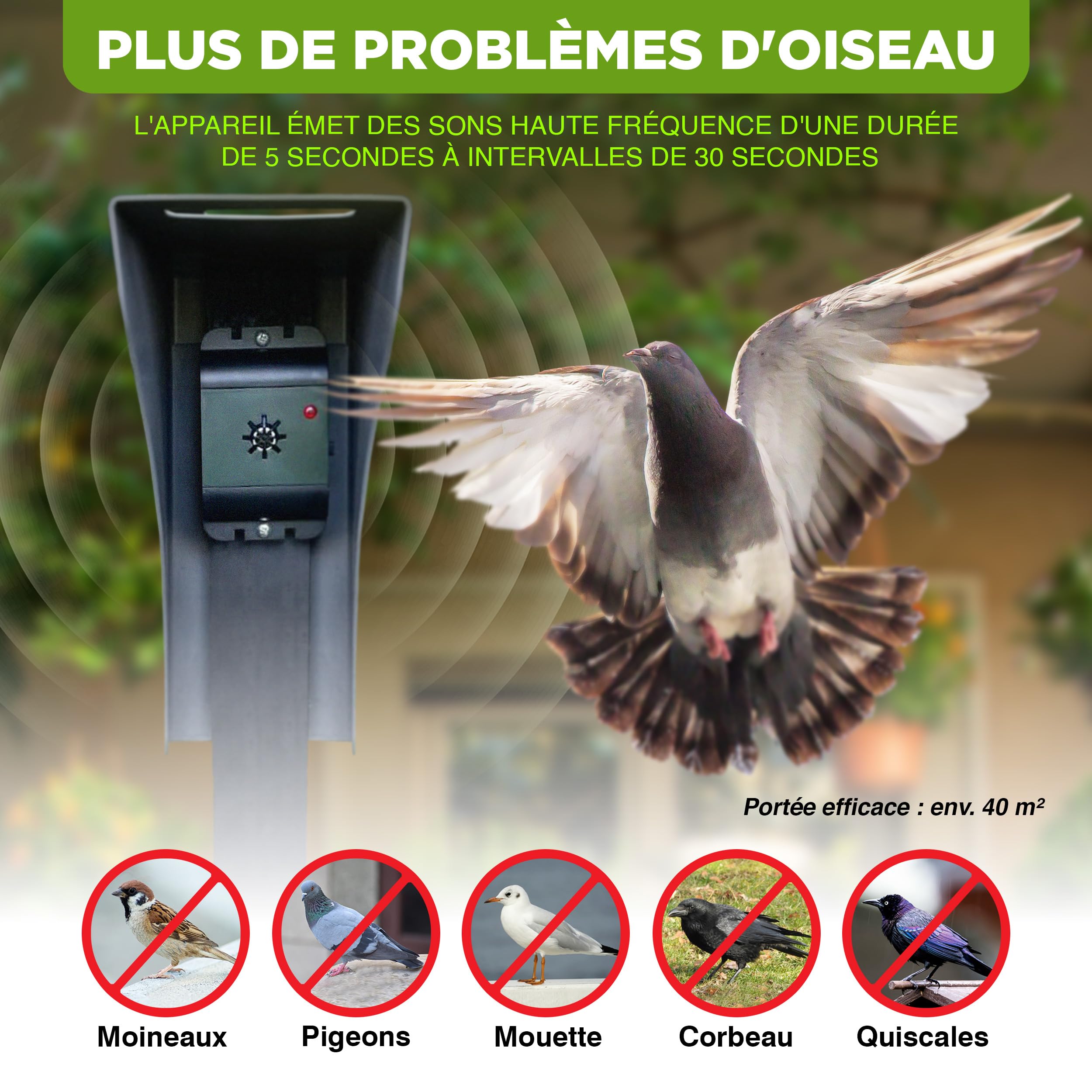 ISOTRONIC Répulsif ultrasons Oiseaux et Pigeons – À Piles pour Balcon, Toit et Jardin – Éloigne moineaux, goélands et Corbeaux – Portée 40 m² – Lot de 2 unités pour Une Protection Efficace et Mobile