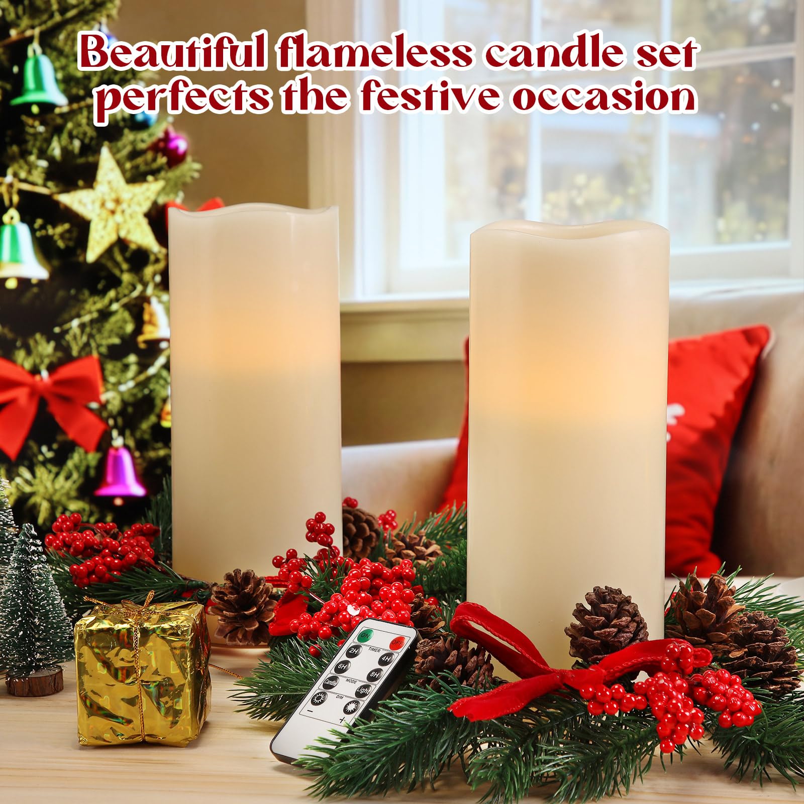 Retisee Set di 2 centrotavola natalizi per tavoli, candele, ghirlande, candele senza fiamma, candele senza fiamma, a batteria, con telecomando, luci LED per feste di Natale (25,4 cm, colore avorio)