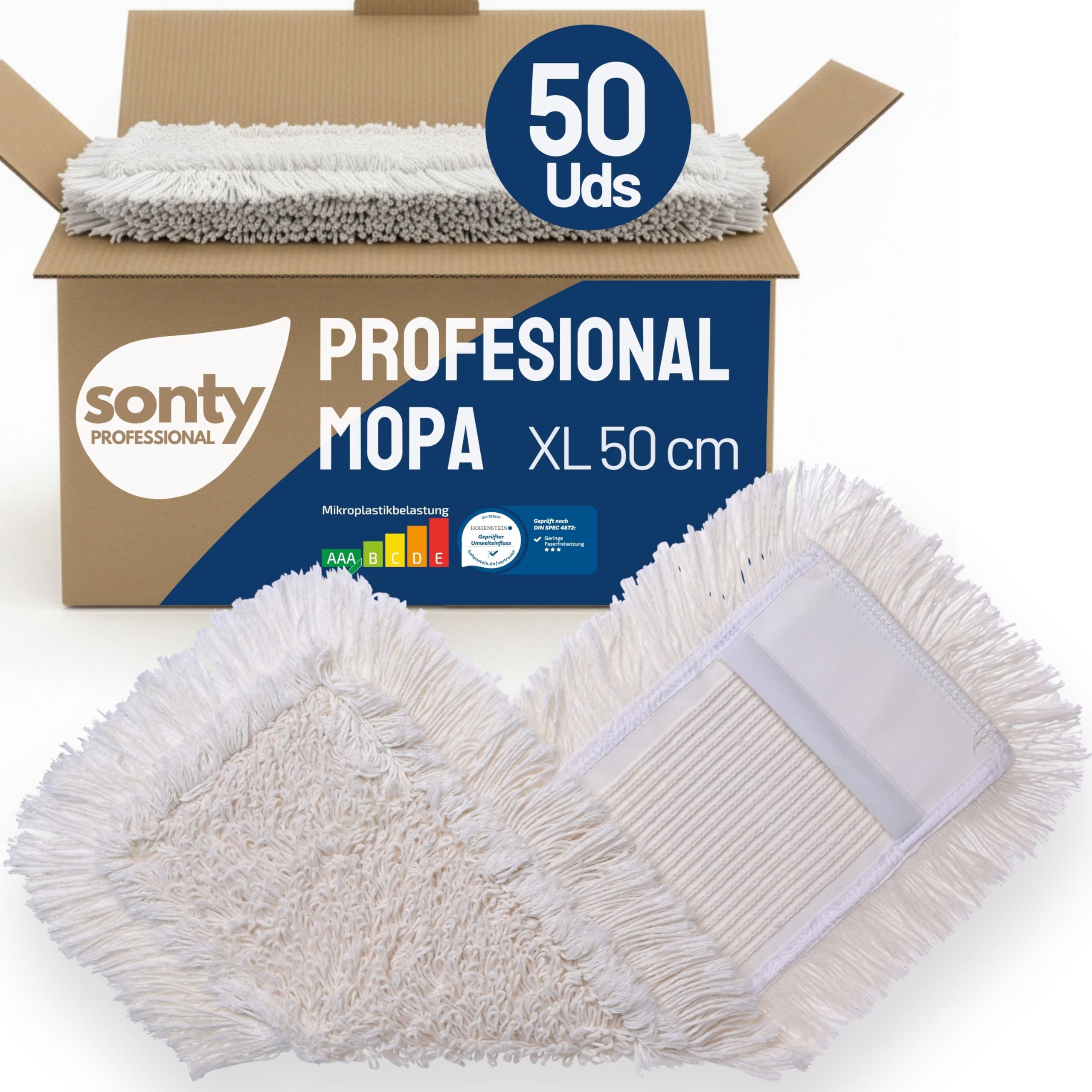 SONTY Mopa Profesional 50 cm Algodón – Pack de 50 Fundas XL para Soporte abatible | Mopa de algodón para Todo Tipo de Suelos en hogar, hostelería & entornos Profesionales | Lavable 60–90°C
