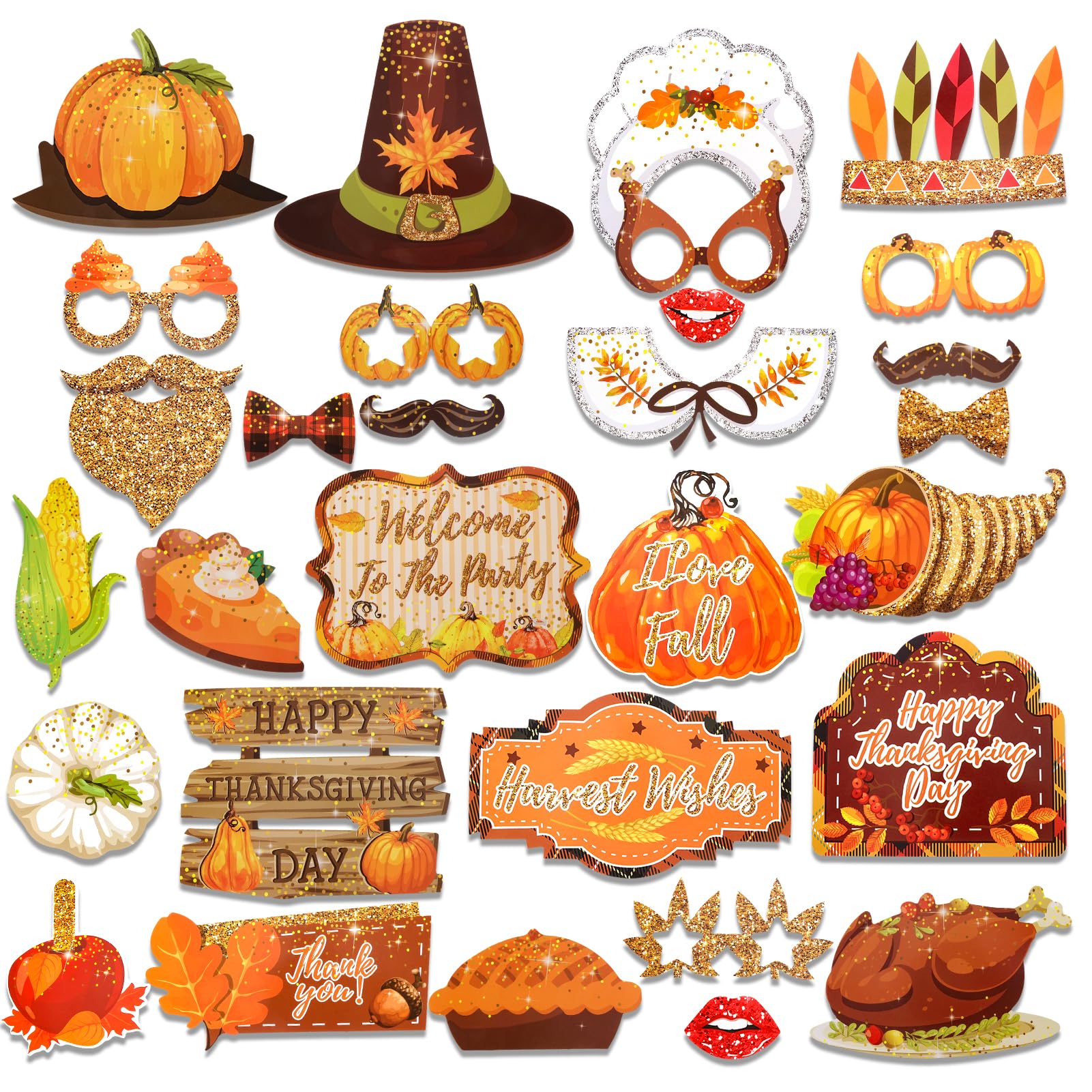 Glitter Thanksgiving Photo Booth Props Kit - 30 Fall Harvest Selfie Accessories With Turkey & Pumpkin