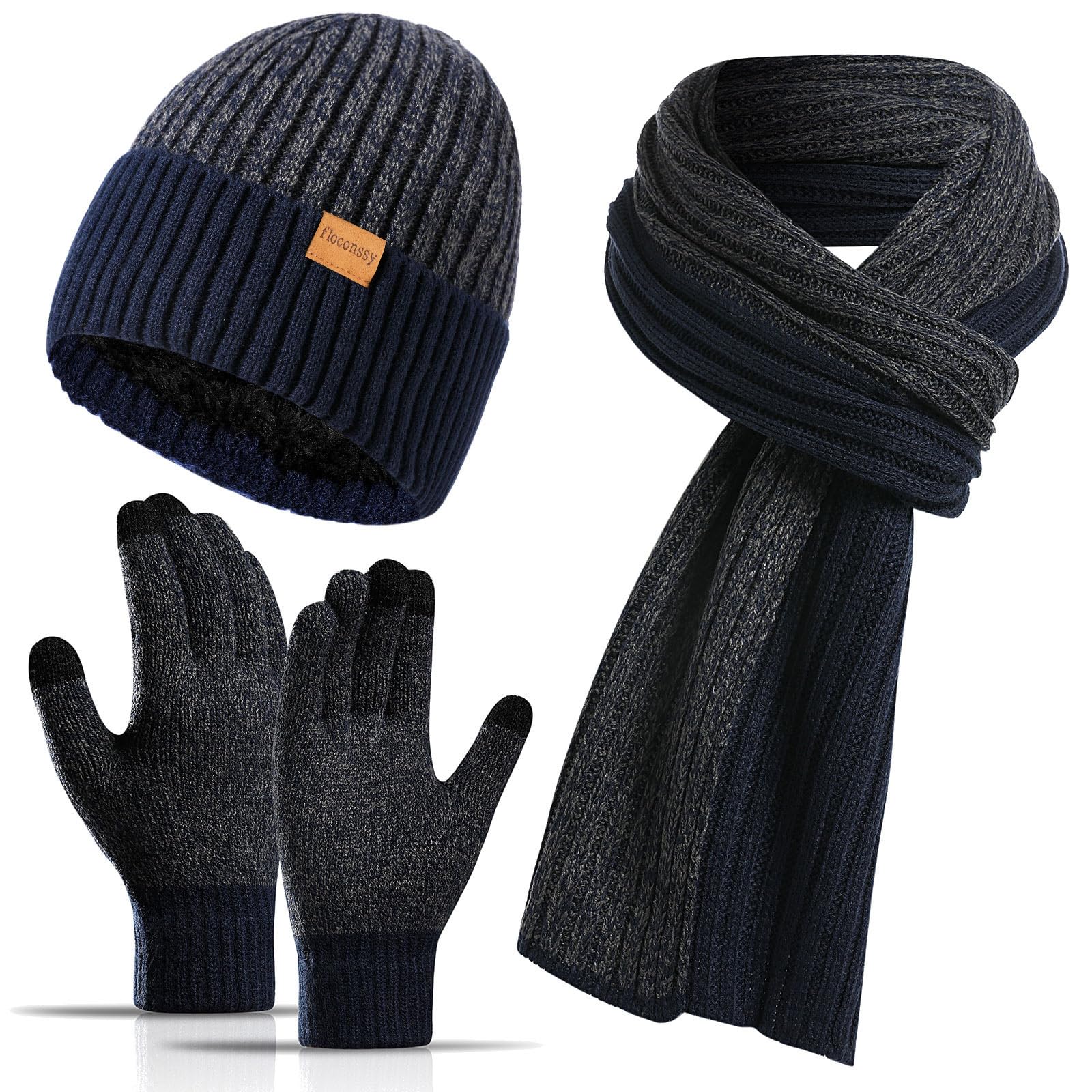 floconssy Men's Winter Hat Scarf Gloves Set, 3 PCS Thermal Gears for Men