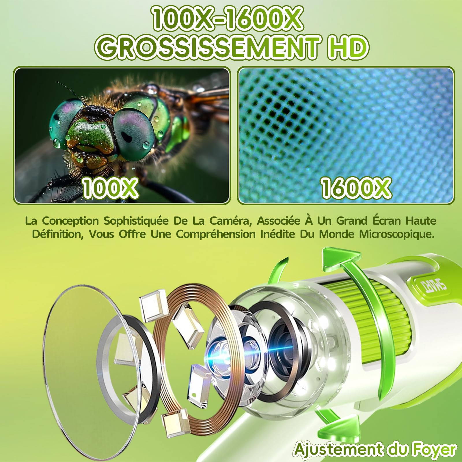 Charmofun Microscope Enfant Portable avec Carte Mémoire 64Go, Écran LCD 4 Pouces, Grossissement 1600X, Prise de Photos et Vidéos