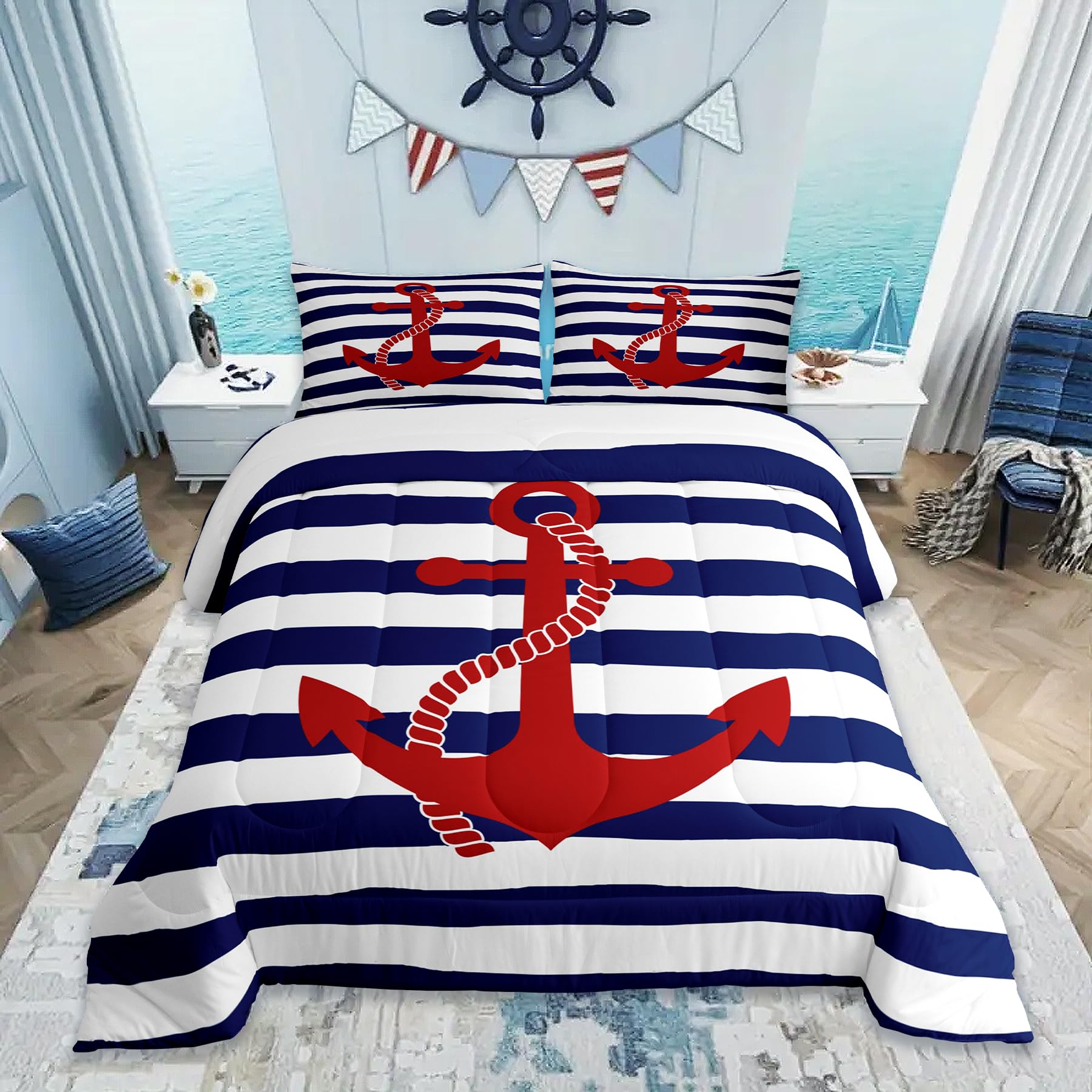 Castle Fairy Boys Anchor Comforter Sets King Size Modern Geometric Stripes Bedding Quilt 3Pcs for Kids Men Youth Home Room Decor Ocean Themed Modern