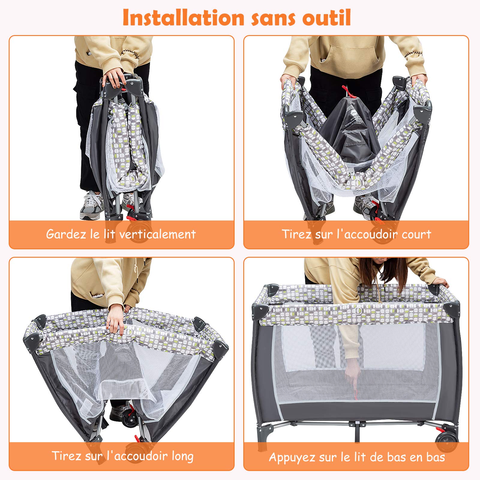 COSTWAY Lit Parapluie Bébé Pliant 4 en 1 avec Matelas,Filet Amovible Réglable Table à Langer et Sac de Transport Parc de Jeu Pliable Roues Verrouillables Gris