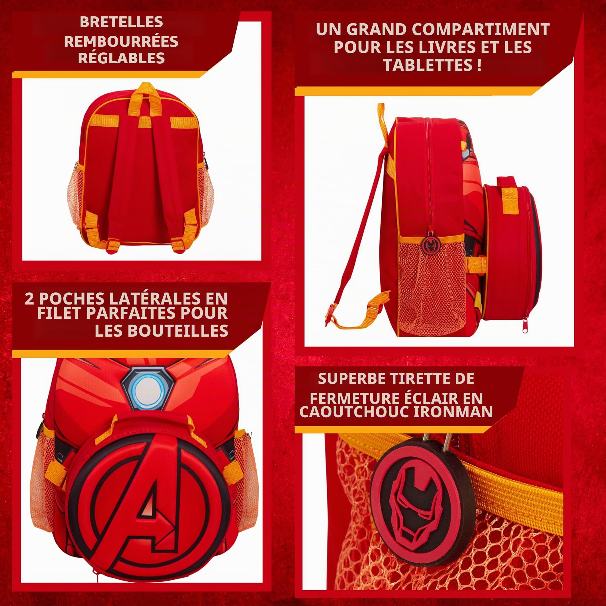 Marvel Sac à dos Iron Man pour enfant avec sac à déjeuner amovible et porte-bouteille d'eau assorti 2 pièces
