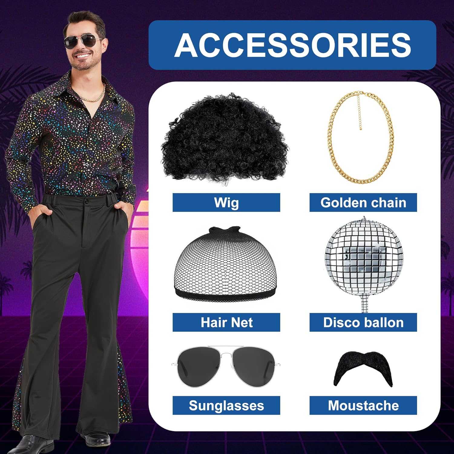 70s Disco Outfit for Men 70s Costume with Retro Shirt Bell Bottom Pants Wig Sunglasses Necklace Mustache - Image 5