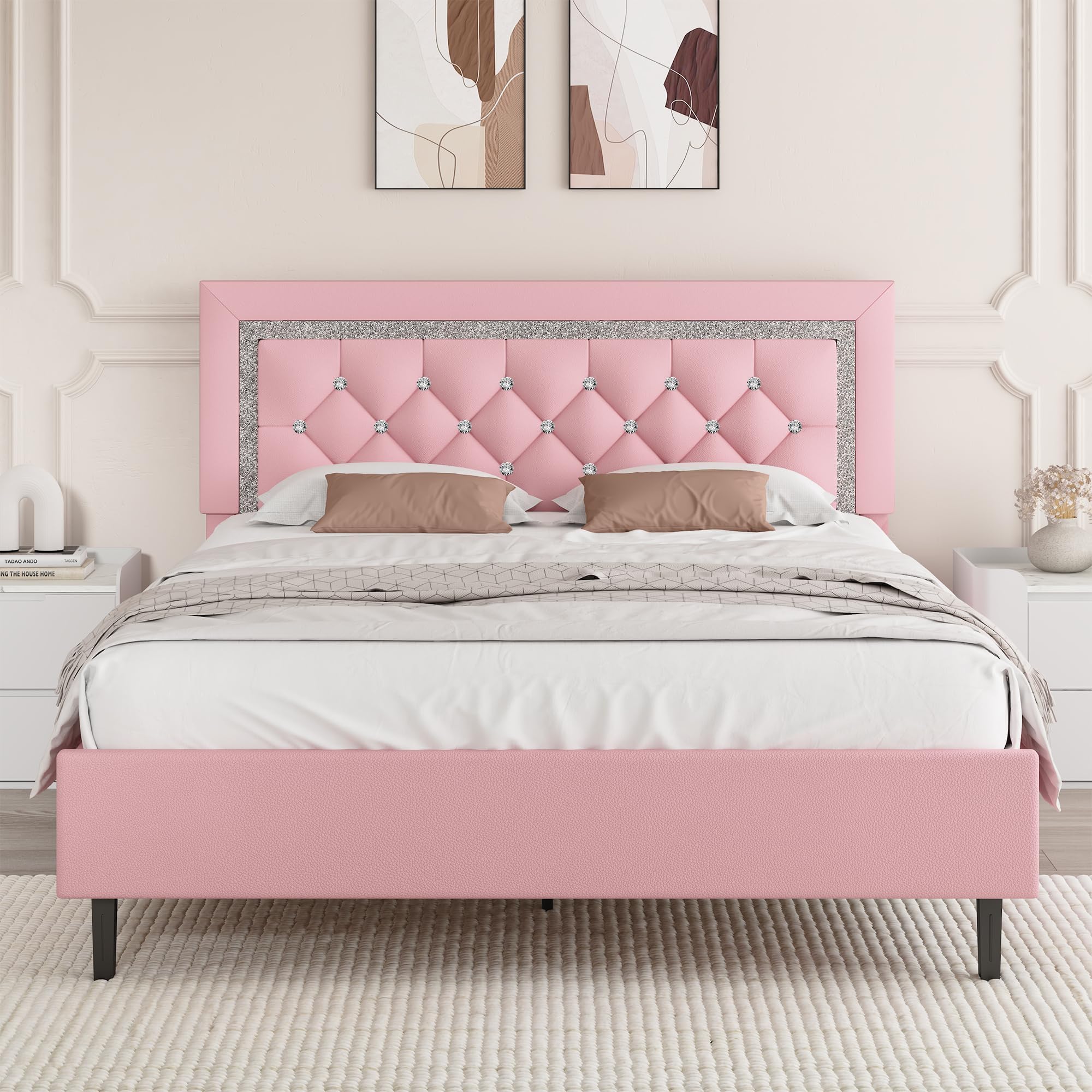 BarnFurin Full Size Bed Frame with Tufted Button Headboard, Upholstered Platform Bed Frame with Diamond Design, Wood Slat Support, No Box Spring