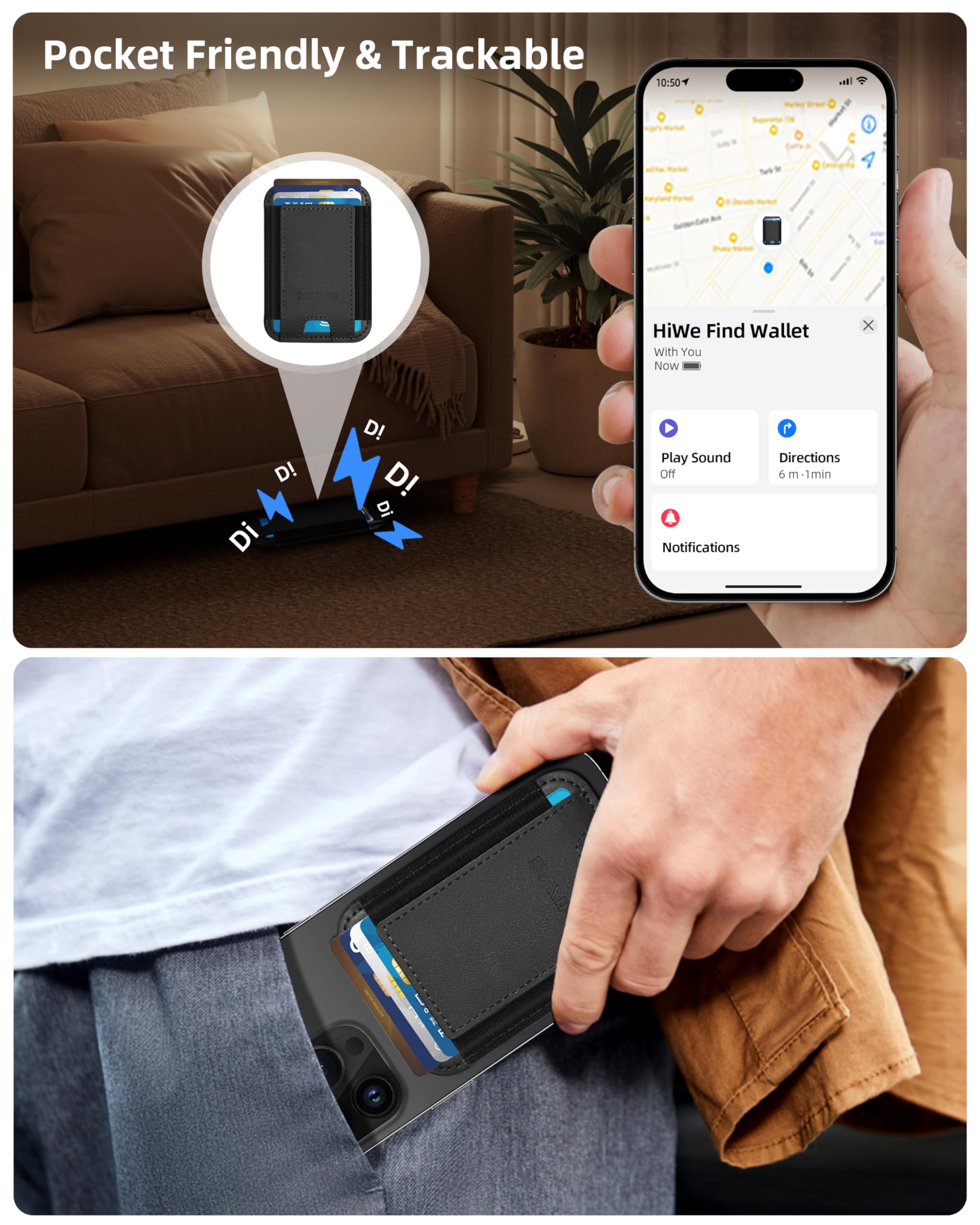 Wallet Finder MagSafe-portemonnee met GPS-tracking, werkt met app waar is, tot 6 kaarten contant geld, magnetisch, draadloos opladen, alleen voor iPhone (grijs