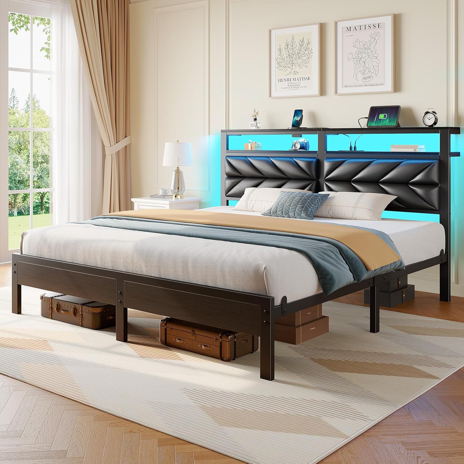 Seventable King Size Bed Frame with Charging Station & LED Lights, Upholstered Headboard with 2-Tier Storage Shelves, Metal Platform with Under Bed Storage, No Box Spring Needed, Easy Assembly, Black