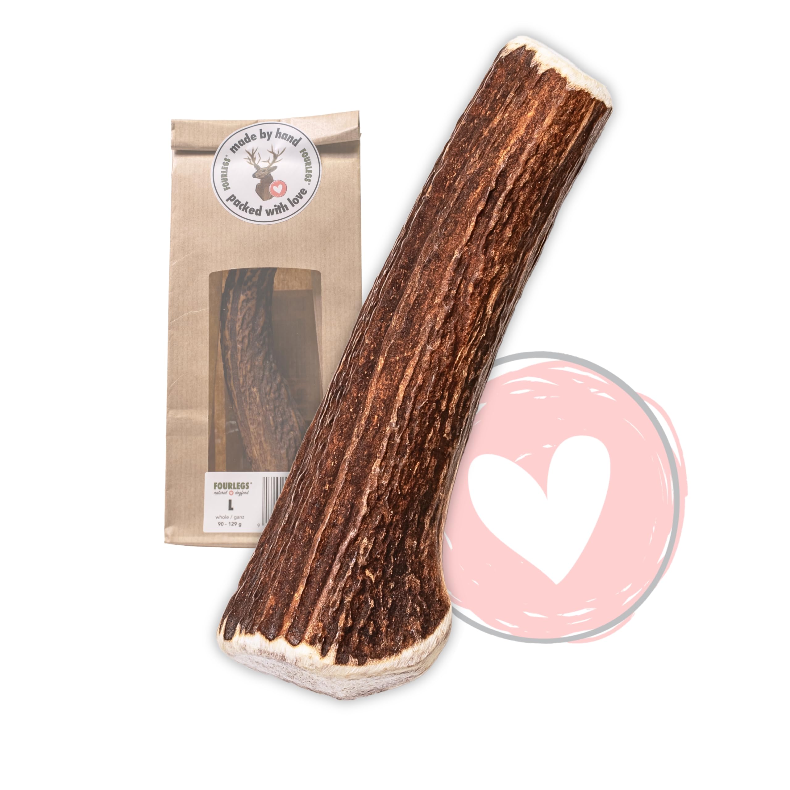 FOURLEGS® Natuurlijke kauwsnack voor honden van 100% hertengewei - met mineralen, kauwspeelgoed, tandverzorging, kauwstang, gewei, botten, hert, kauwartikel - maat M heel