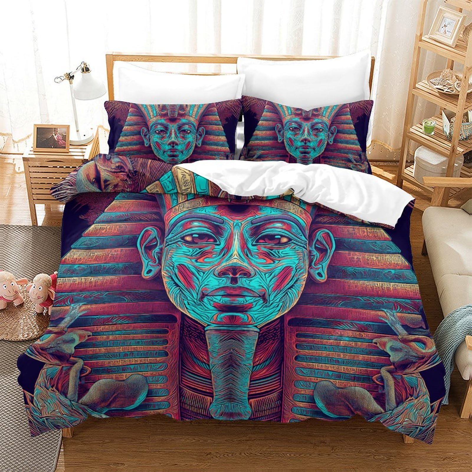 Soft Duvet Cover Set, Design Egyptian Pharaoh, Printed Duvet Cover And Pillowcase, 3 Piece Set, For Adults And Children Single（135x200cm）