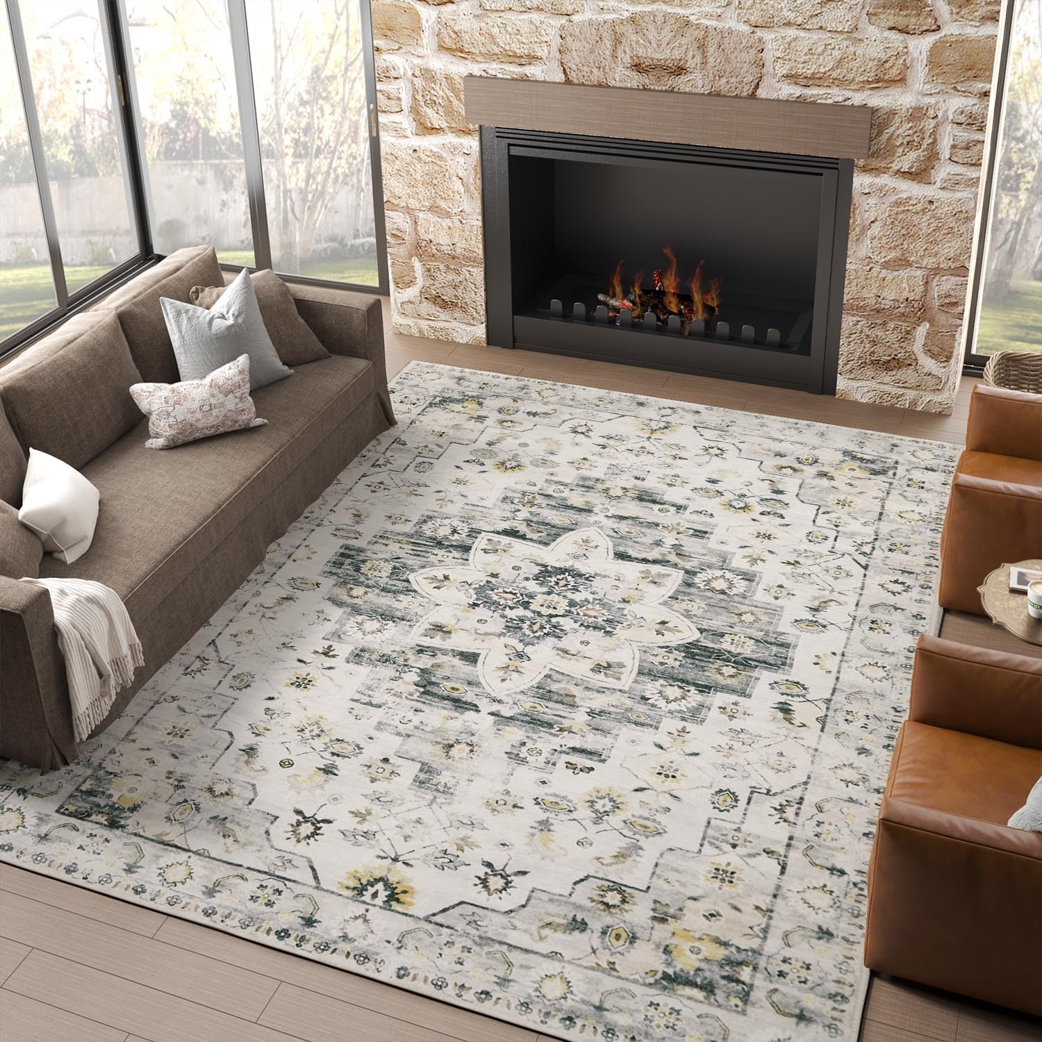 jinchan Area Rug 9x12 “Washable Rug Vintage Rug Indoor Floor Print Distressed Carpet Grey Multi Accent Rug Lightweight Kitchen Living Room Bedroom Dining Room