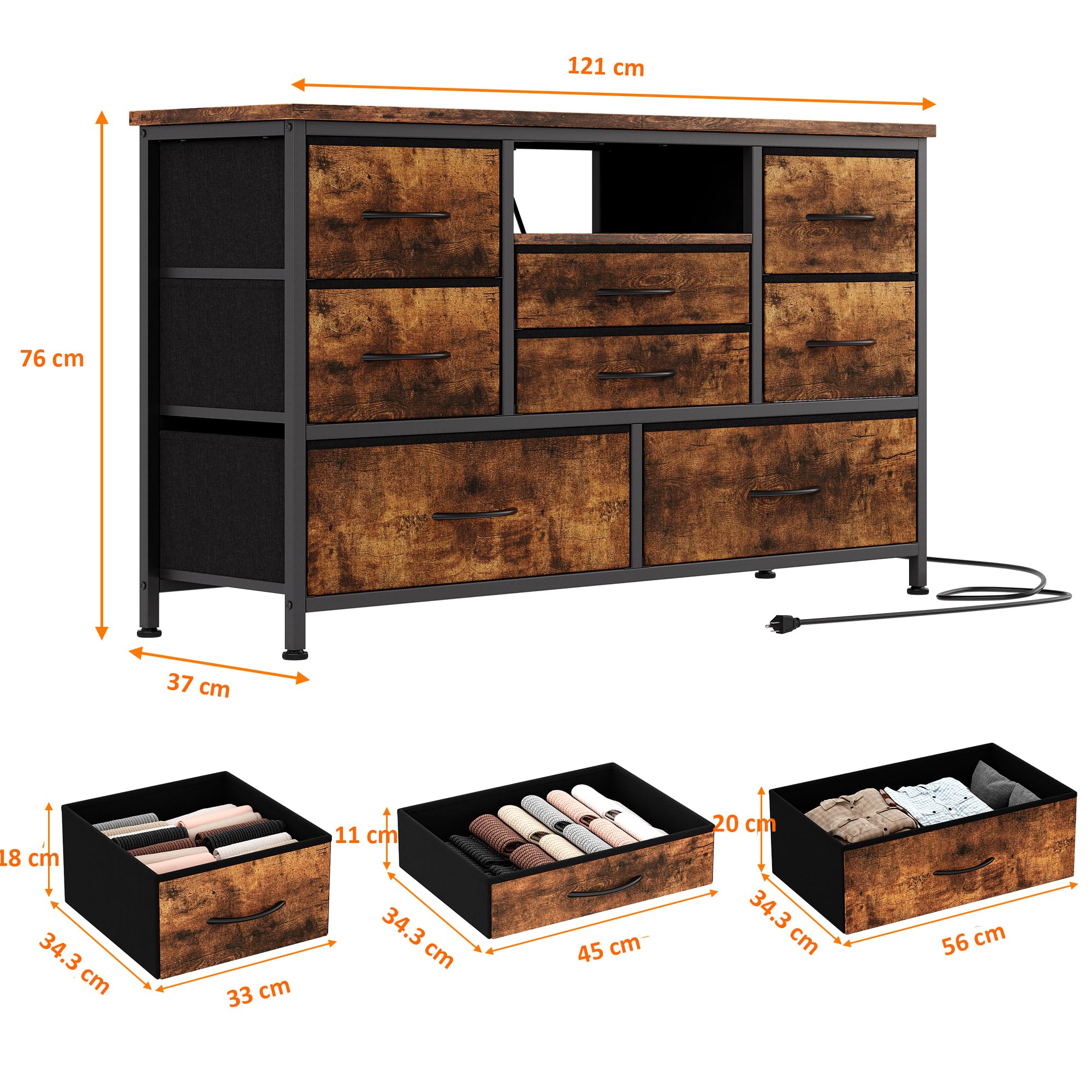 Garvee Commode de Chambre 8 Tiroirs en Tissu, Meuble TV avec Lumière LED, Station de Charge, Meuble de Rangement pour Chambre Enfants, Salon, Couloir