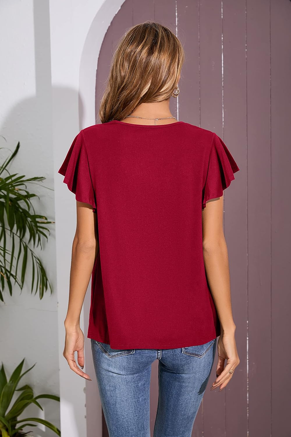 Iandroiy Women's Casual Shirred V-Neck Top Ruffle Short Sleeve Shirts Basic Pleated Top - Image 2