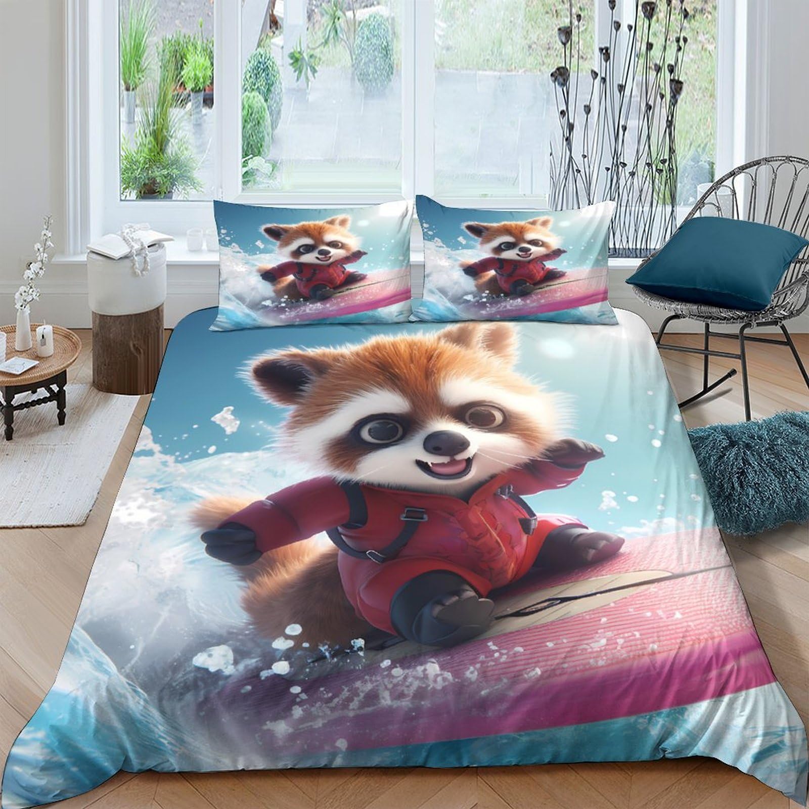 Ctjqhvkz Style-6 3D Printed Surfing Raccoon Fitted Sheet Microfiber Soft Breathable Cartoon Animal Bed Cover Bedroom Decor Single（135X200cm）