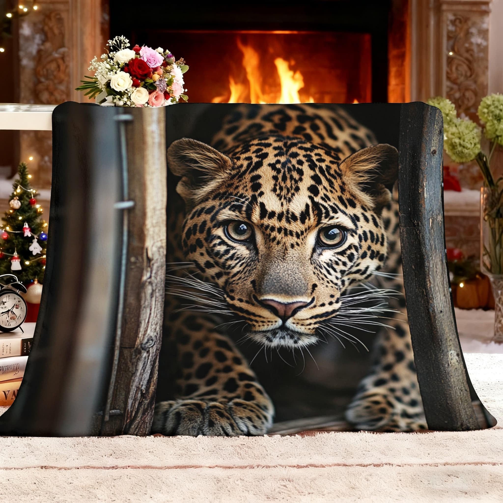 Sherpa miękki koc polarowy XXL, 180 x 200 cm, drewniana klatka, zwierzę, panterka, tekstura, puszysty, flanelowy, nie mechaci się, ciemny, ciepły, nadaje się do prania, koc na łóżko i kanapę, koc