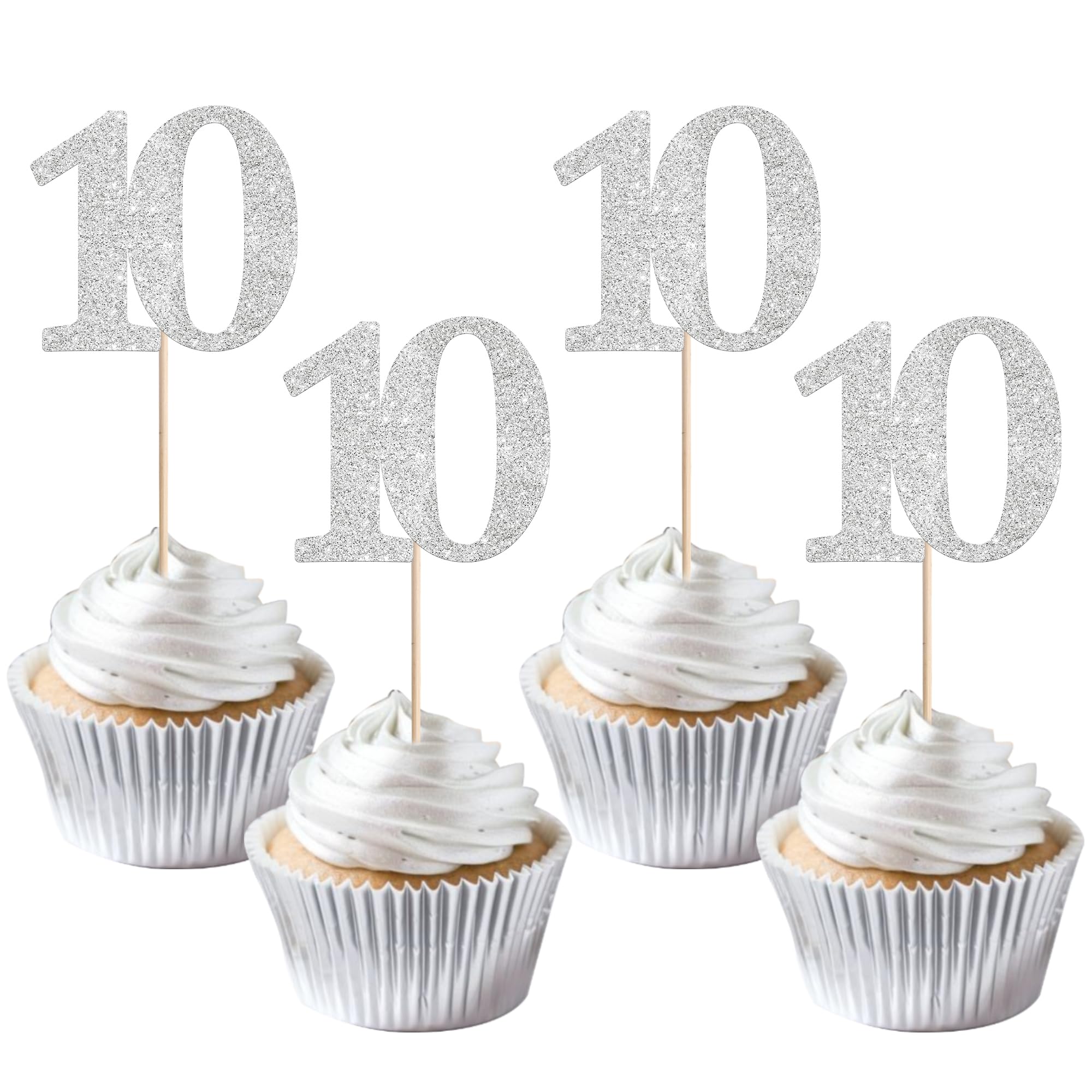 Xsstarmi 36 Pack Number 10 Cupcake Toppers Silver Glitter Cheers to 10 Years Birthday Cupcake Picks Decoration for Happy 10th Birthday Wedding Anniversary Party Cake Decorations