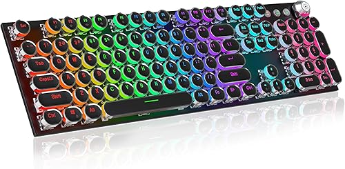 Teclado mecánico para juegos estilo máquina de escribir con perilla de volumen, retroiluminación LED arco iris, tamaño completo, 104 teclas,