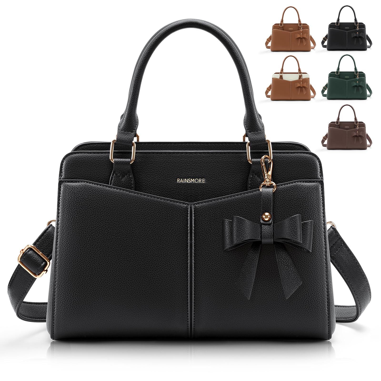 RAINSMORE Purses for Women Satchel Purse, PU Leather Structured Work Handbag with Bowknot and Shoulder Strap, Fits 11'' iPad Black
