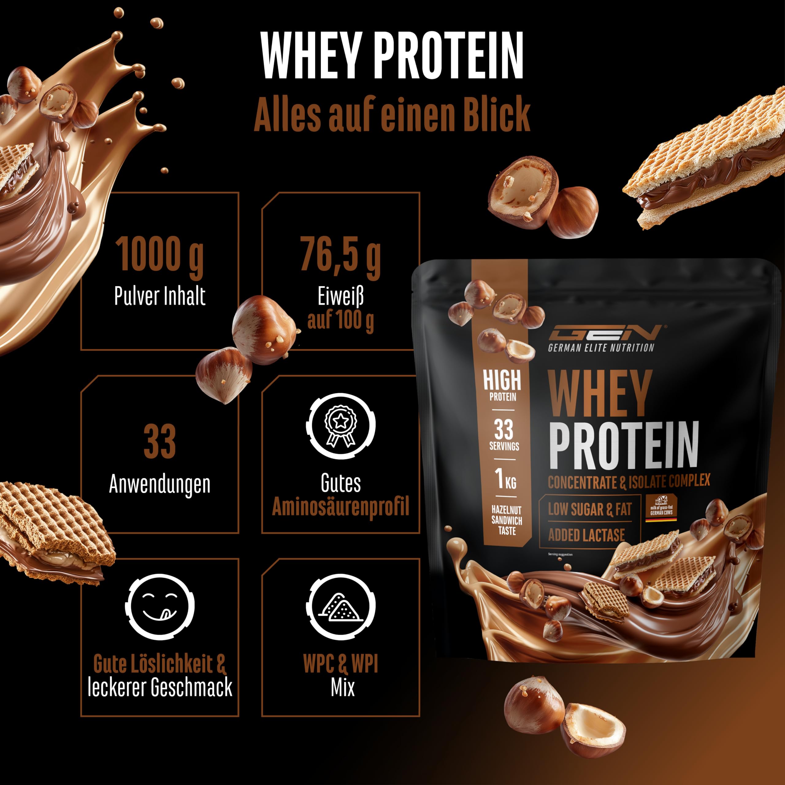GEN GERMAN ELITE NUTRITION Whey Protein Pulver - 1000 g - Whey Isolat